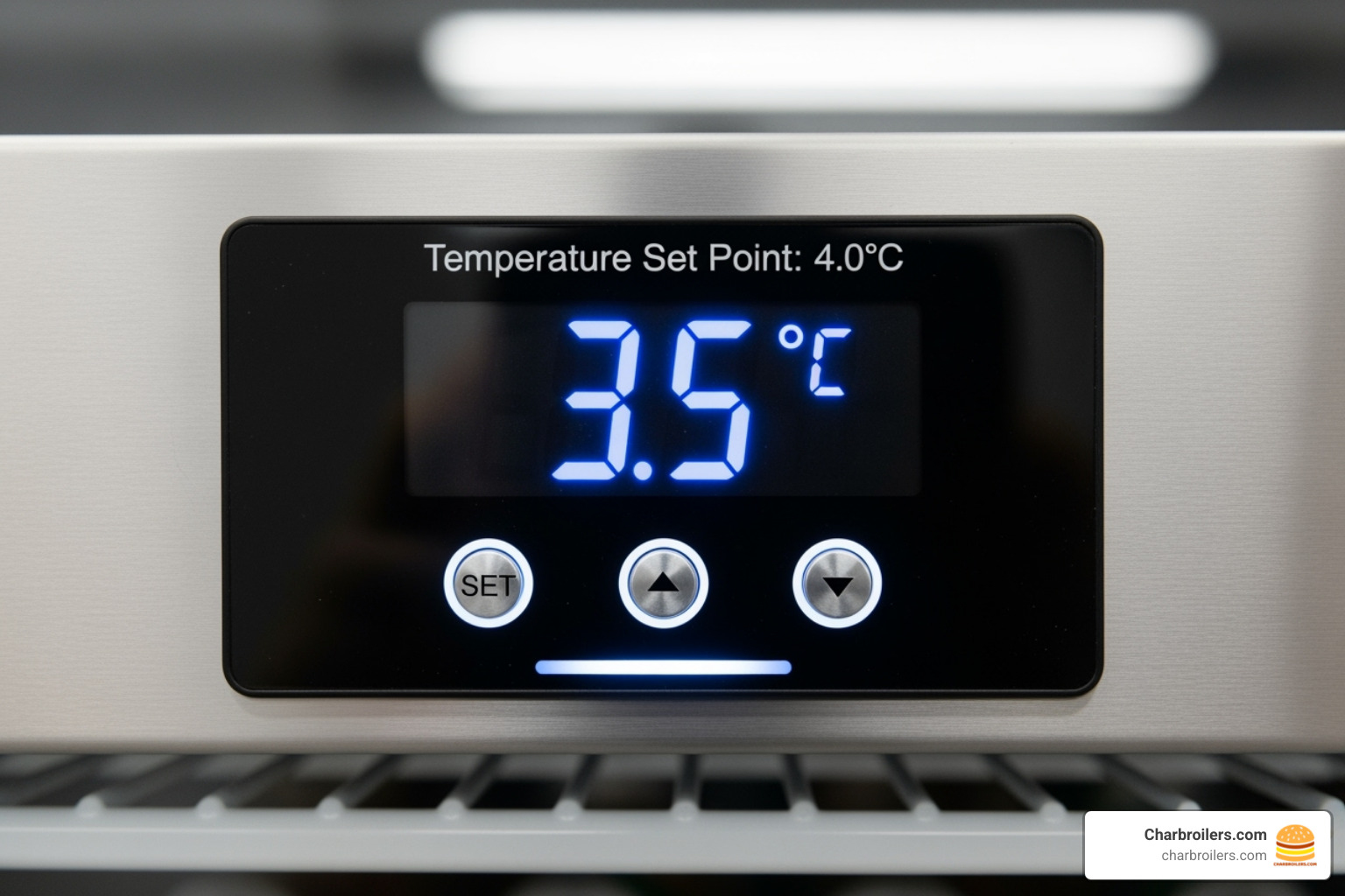 Digital temperature control panel on a cooler showing a precise temperature reading. - commercial beverage cooler Digital temperature control panel on a cooler showing a precise temperature reading. - commercial beverage cooler