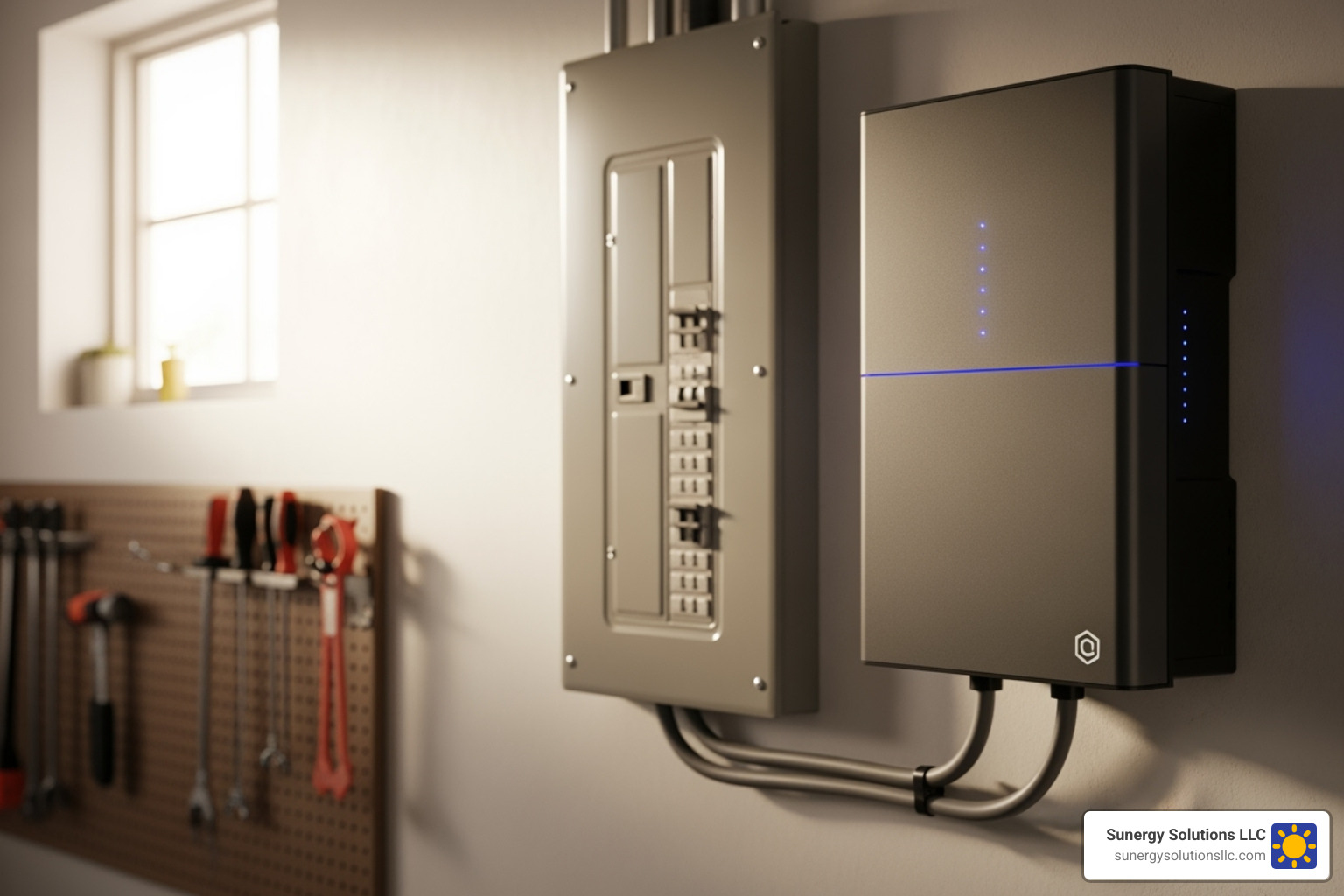 sleek solar battery storage unit mounted on a garage wall next to an electric panel - solar companies in boston