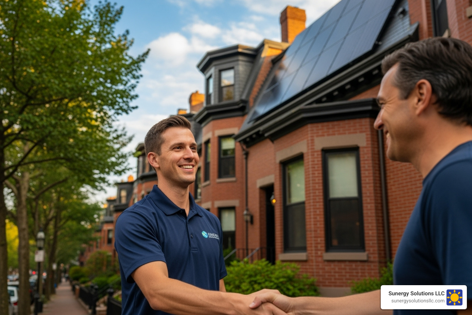friendly solar installer shaking hands with homeowner in front of a Boston home - solar companies in boston