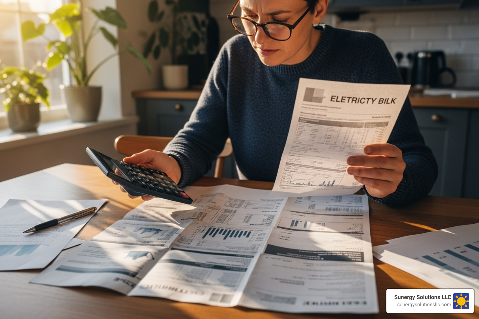 homeowner reviewing electricity bill with calculator - solar companies in boston