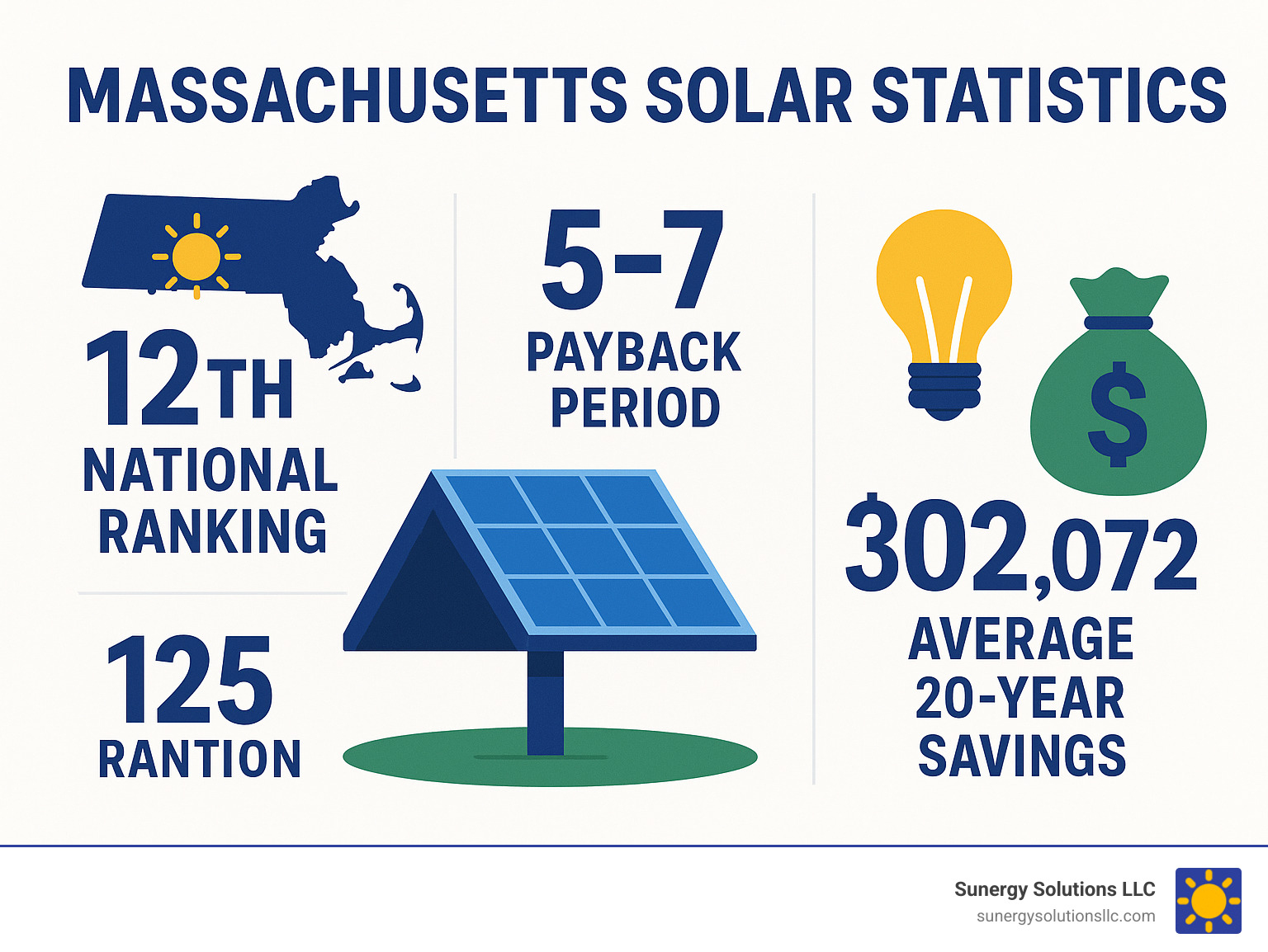 Infographic showing Massachusetts solar statistics including 12th national ranking, 5-7 year payback period, 30.4 cents per kWh electricity rates, and $82,072 average 20-year savings for Boston homeowners - solar companies in boston infographic 
