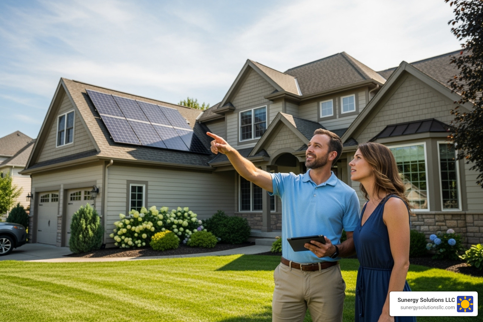 Homeowner looking at their roof with a solar consultant - latest solar panels for homes