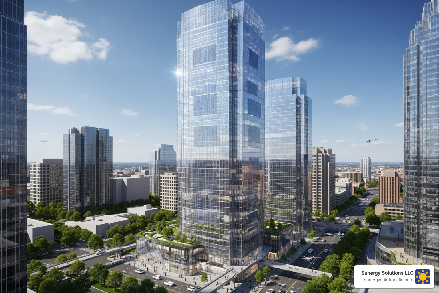 Futuristic concept of a building with advanced solar panels or solar-integrated windows in the U.S. - latest solar panels for homes