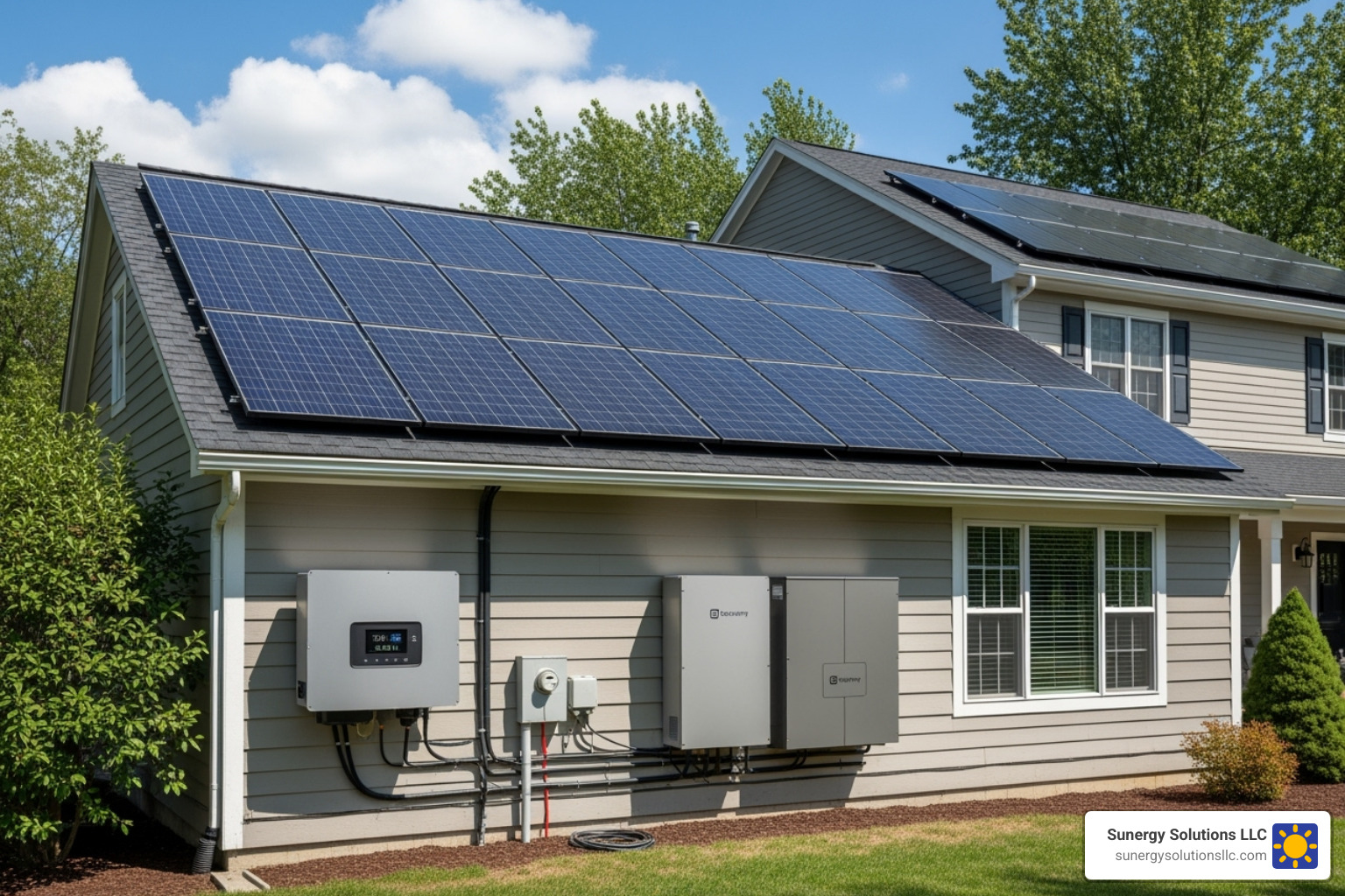 Complete solar system setup including an inverter and battery storage next to a house - latest solar panels for homes