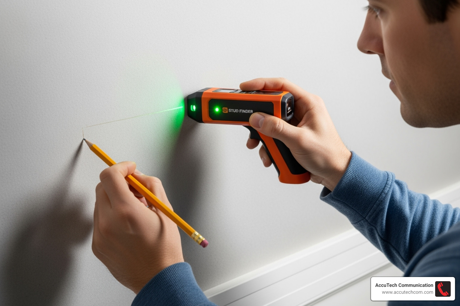 A person using a stud finder and marking a wall for drilling, emphasizing the importance of planning before installation. - network cable conduit between floors