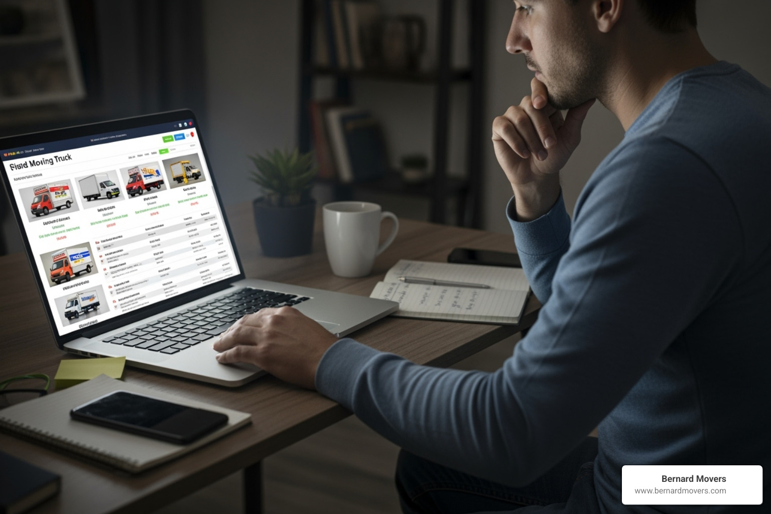 Person comparing moving truck options on a laptop - Chicago moving truck rental