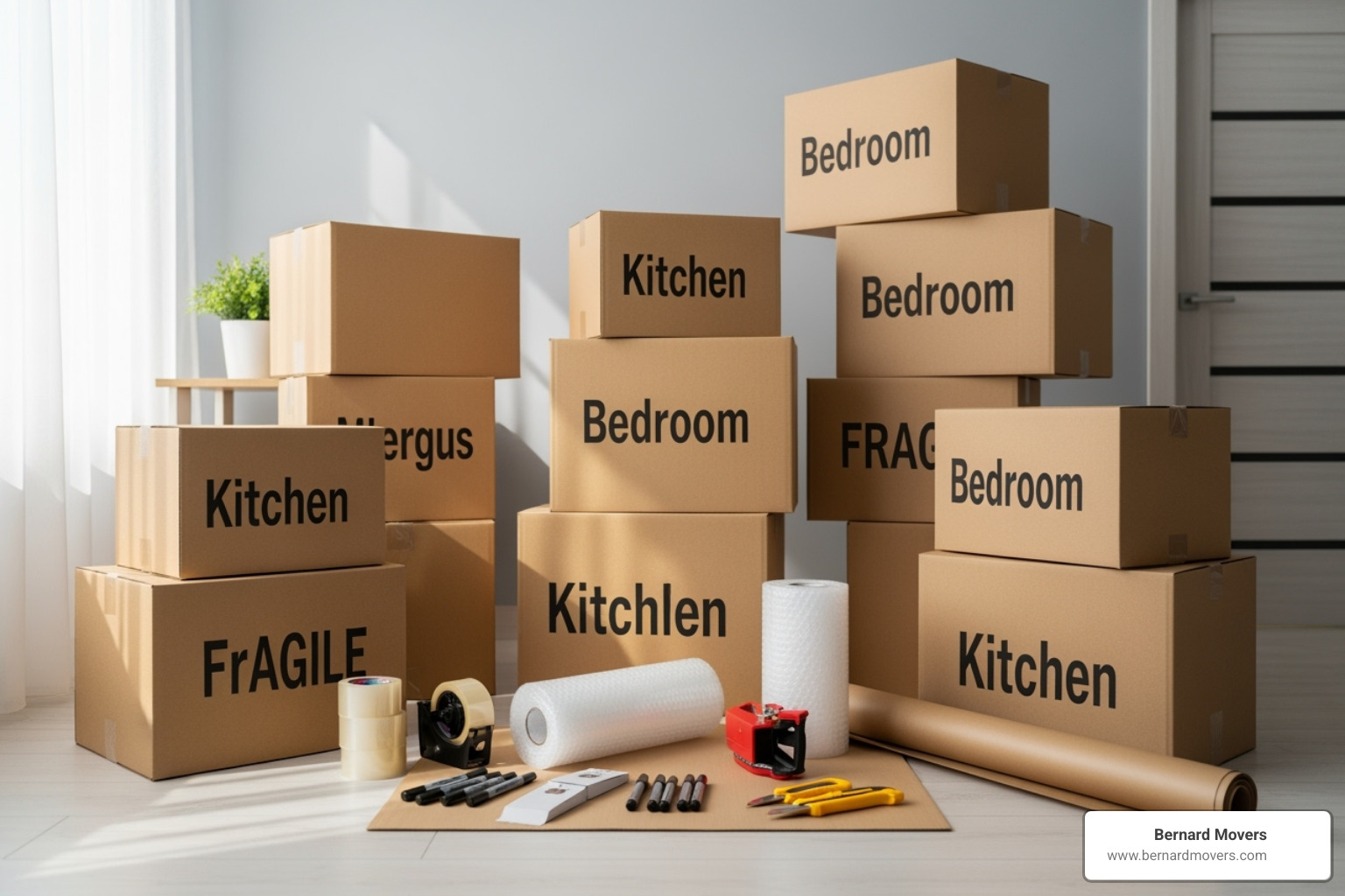 Moving boxes stacked neatly with packing supplies - Chicago moving truck rental