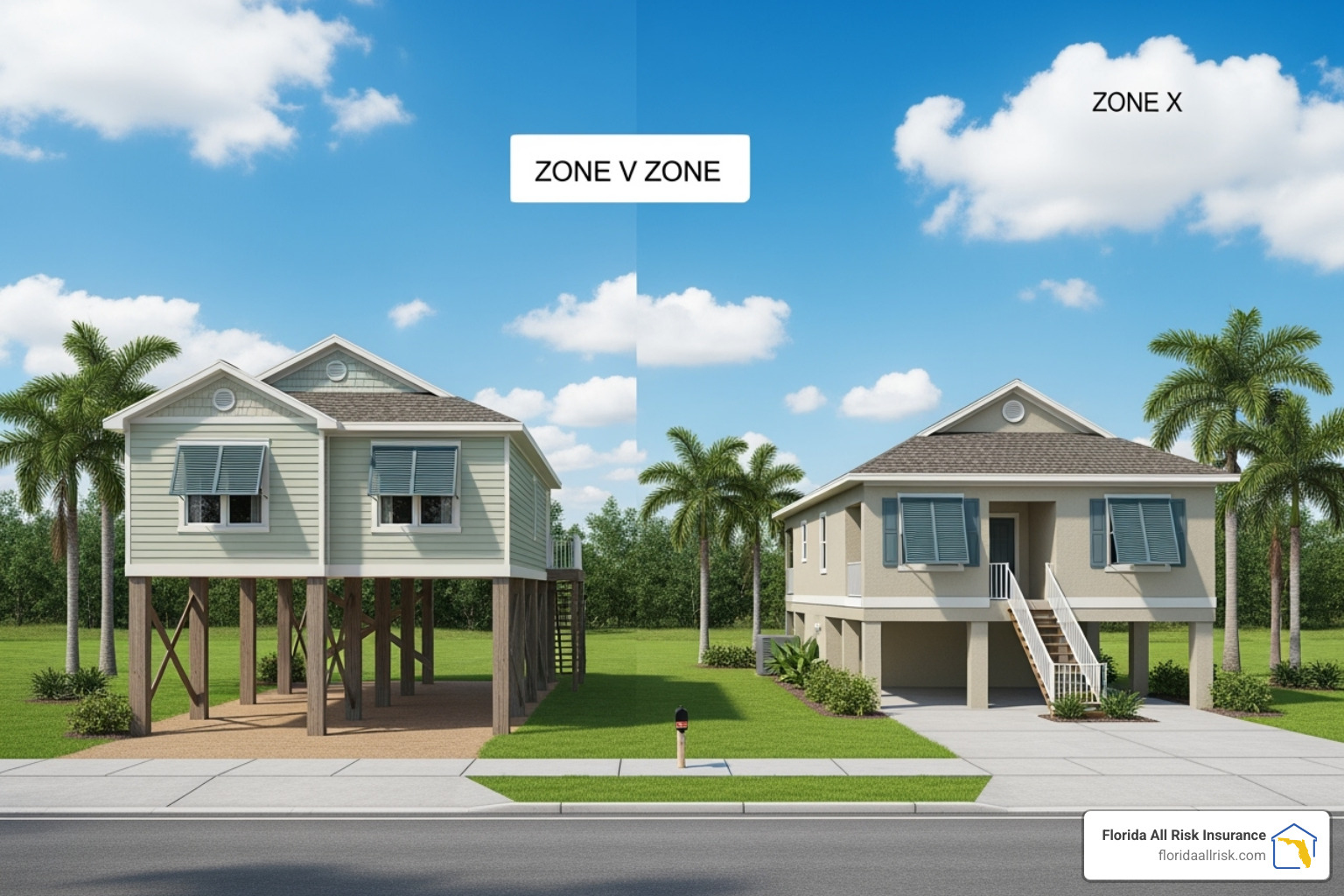 Illustration of a home in a Zone V (on stilts) versus a home in a Zone X (on a slab) - florida flood insurance rate map Illustration of a home in a Zone V (on stilts) versus a home in a Zone X (on a slab) - florida flood insurance rate map