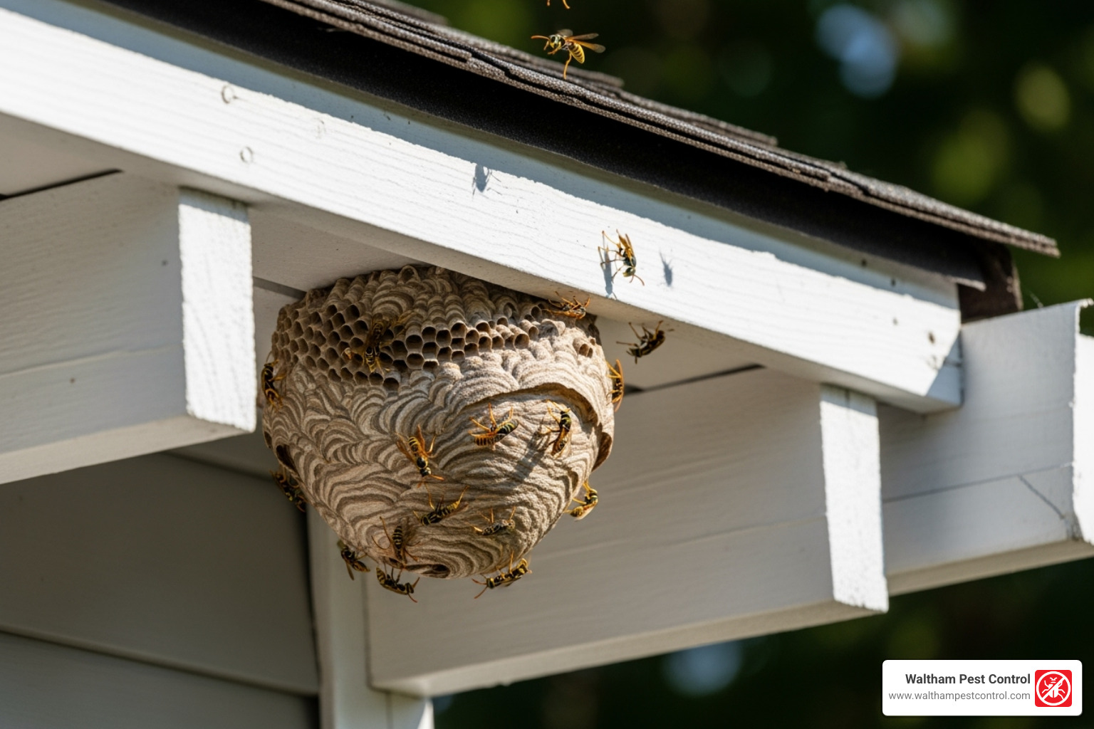 Wasp nest on the eave of a house - pest control watertown