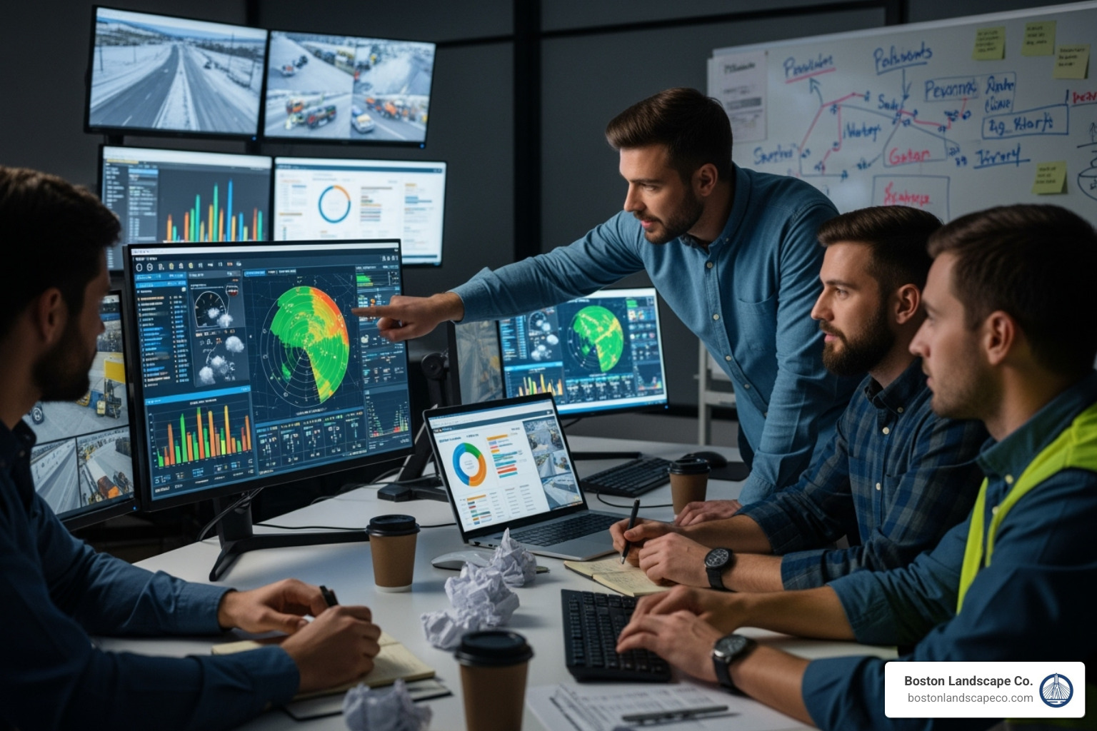 snow removal team monitoring weather data on a screen - Commercial snow removal services
