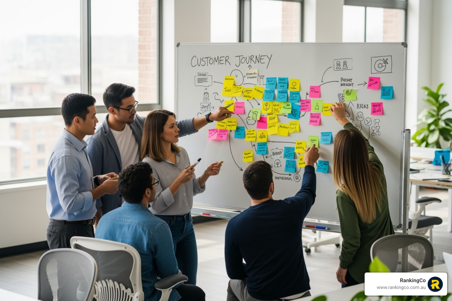 A team collaborating on a journey map with sticky notes - Customer journey mapping