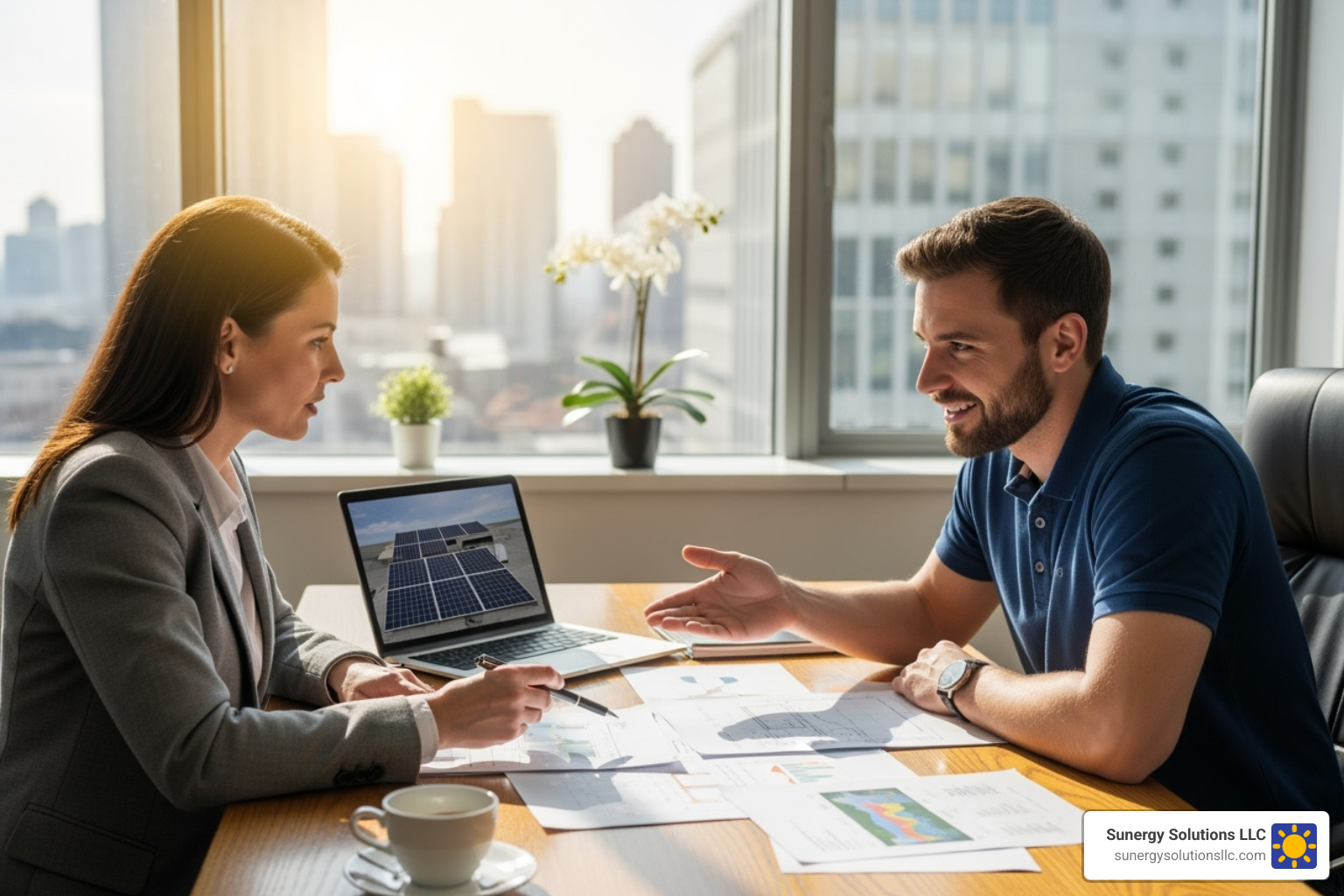business owner reviewing documents with a solar consultant - commercial solar energy rebates business owner reviewing documents with a solar consultant - commercial solar energy rebates