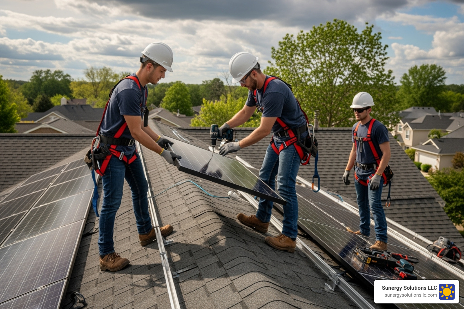 a professional team installing solar panels on a residential roof in the United States - solar panel company ri a professional team installing solar panels on a residential roof in the United States - solar panel company ri