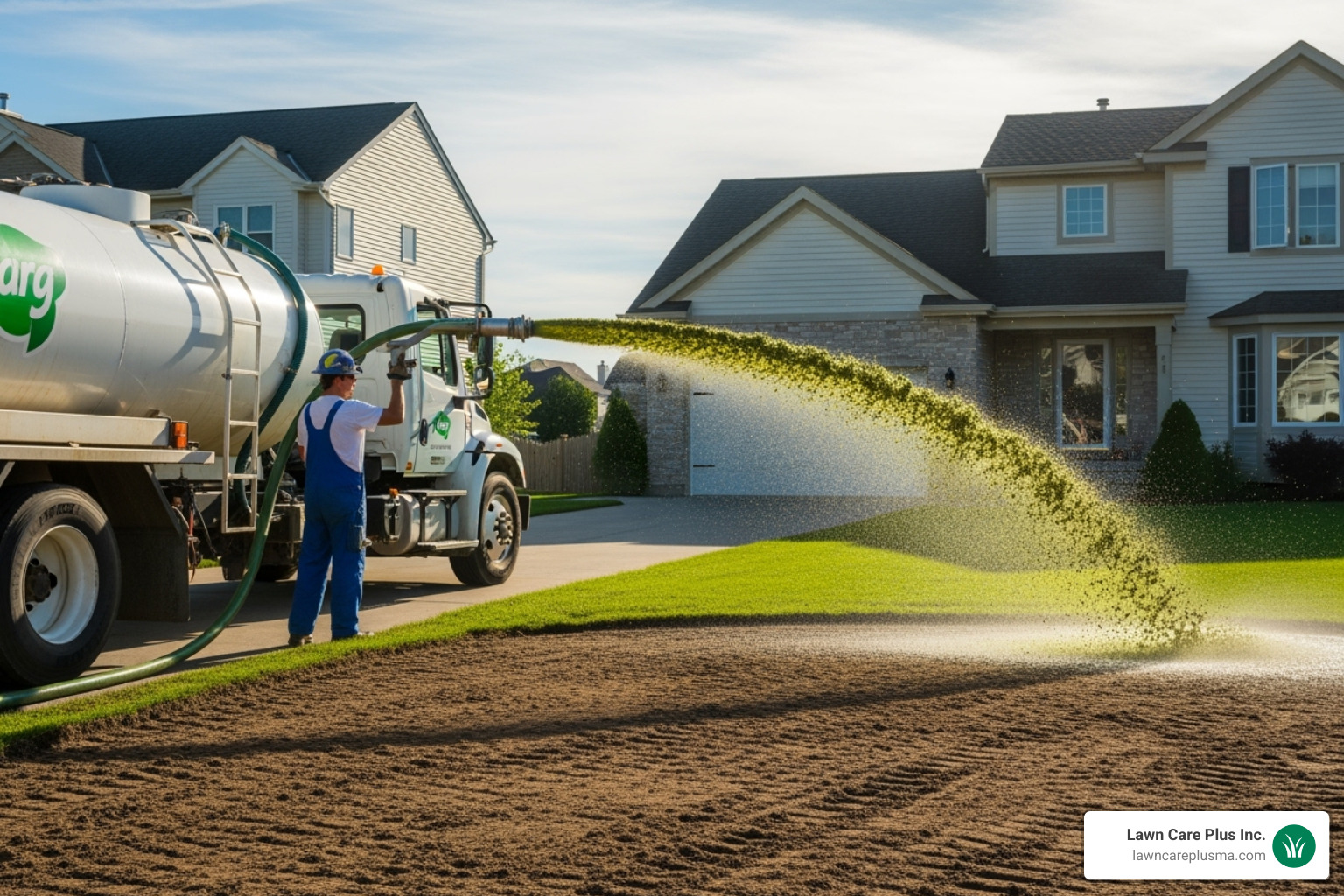 hydroseeding truck spraying green slurry onto a prepared residential lawn - hydo seeding
