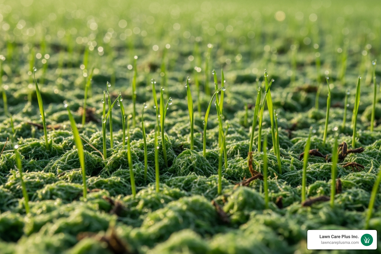 grass sprouts emerging from the green hydroseed mulch - hydo seeding