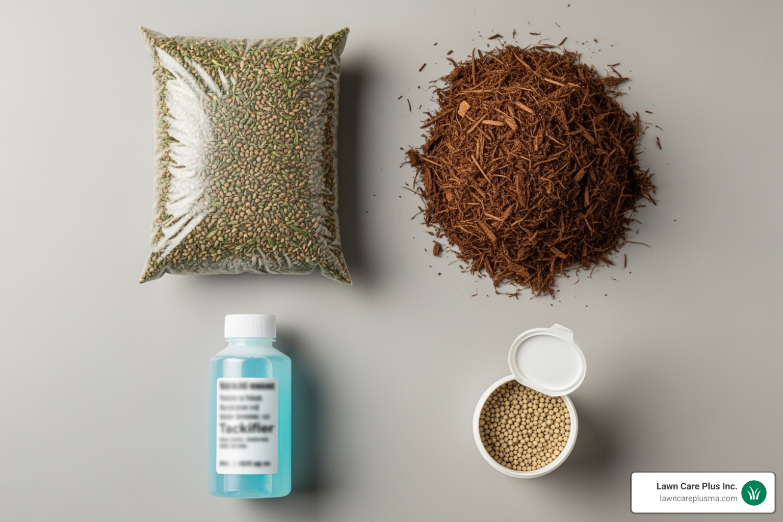 individual components: a bag of grass seed, wood fiber mulch, fertilizer pellets, and a container of tackifier - hydo seeding
