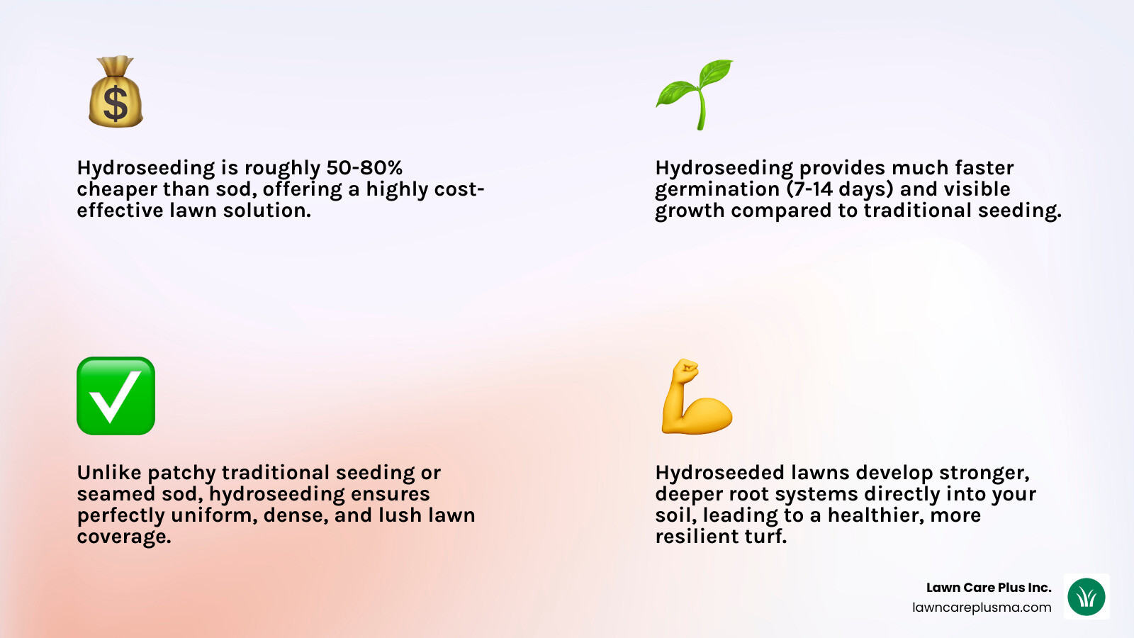 Table comparing Hydroseeding, Traditional Seeding, and Sod across metrics like Cost, Installation Time, Growth Time, and Final Appearance - hydo seeding infographic 4_facts_emoji_light-gradient