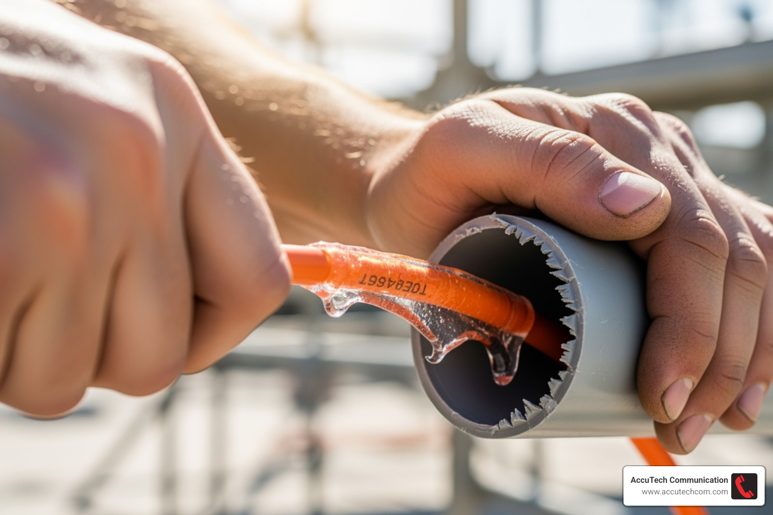 cable being pulled through conduit using lubricant - burying network cable conduit