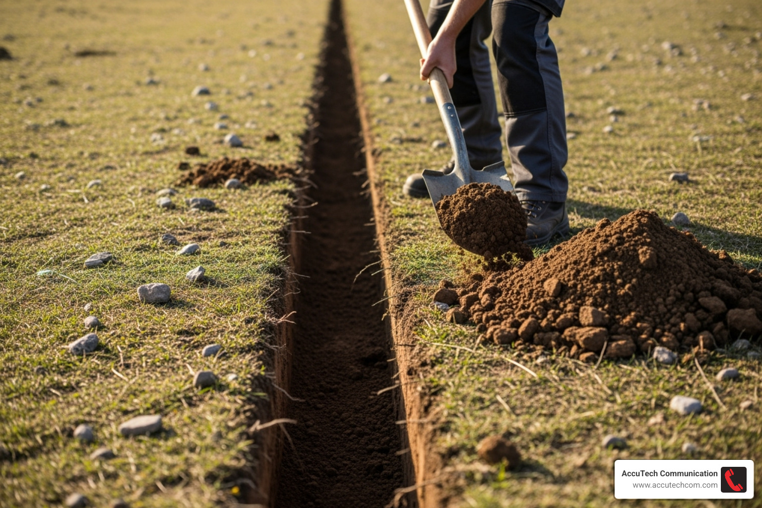 person digging a straight trench to a specific depth - burying network cable conduit
