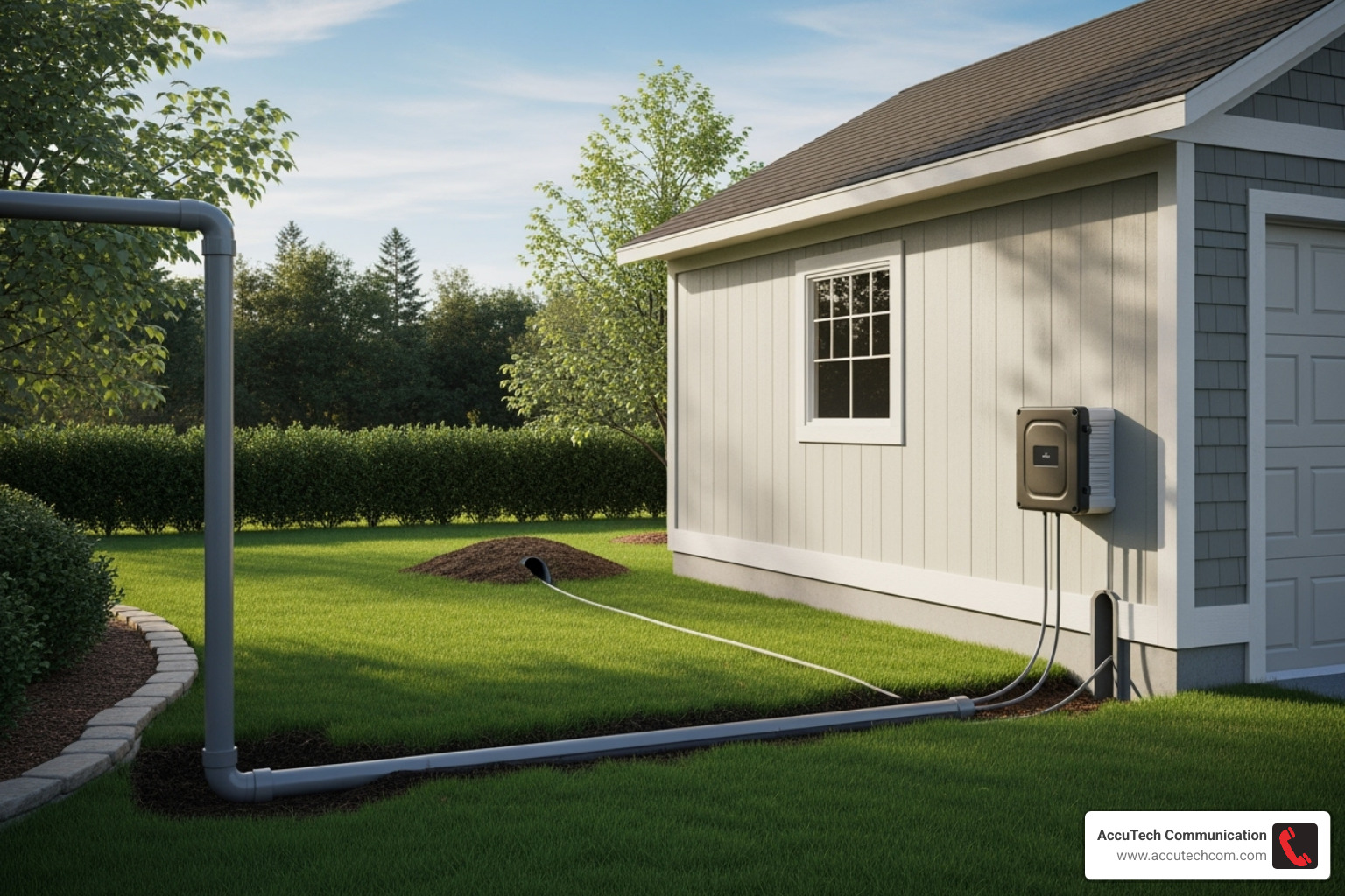 a clean, professional outdoor network setup connected to a detached garage - burying network cable conduit