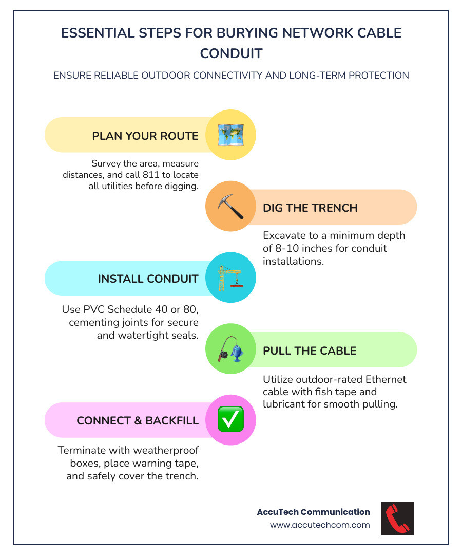 Detailed comparison infographic showing buried conduit installation steps: trenching to proper depth, conduit assembly with watertight fittings, cable pulling techniques, and backfilling with warning tape placement - burying network cable conduit infographic infographic-line-5-steps-colors