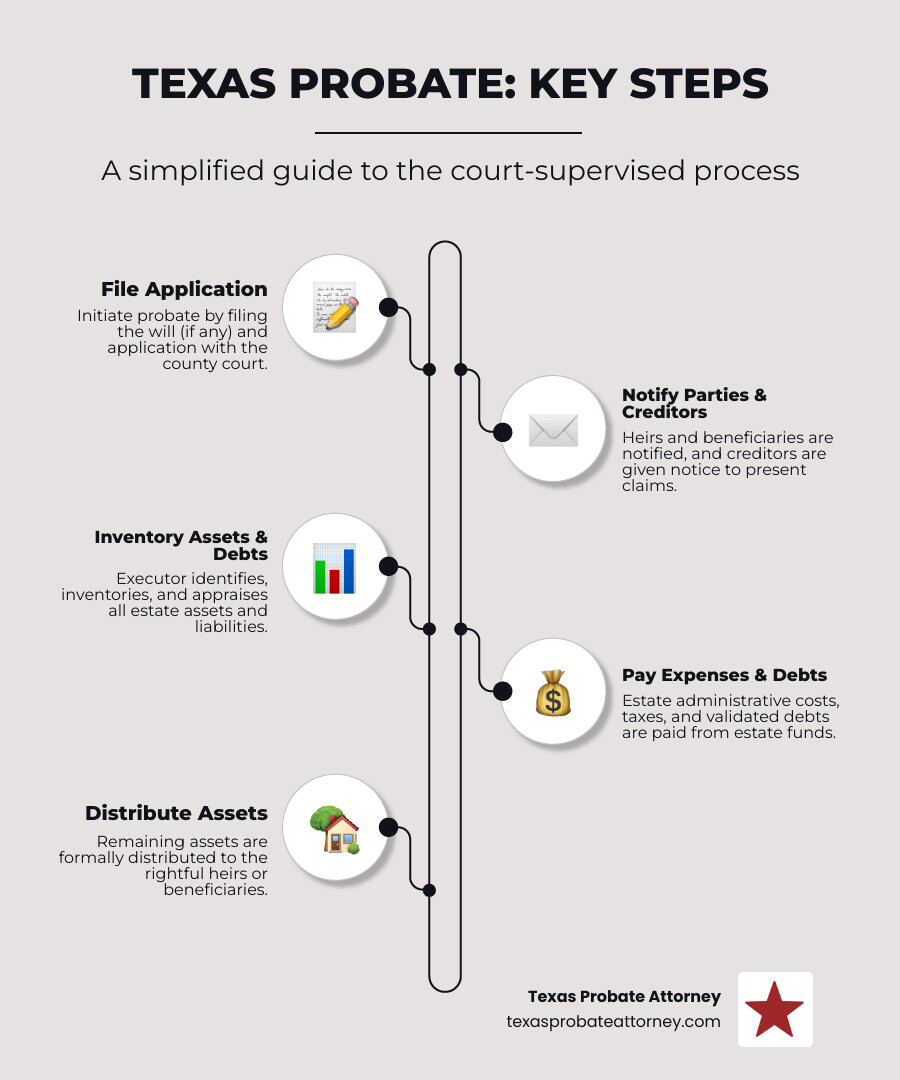 Infographic showing the Texas probate process from initial filing through final asset distribution, including key steps like court filing, creditor notifications, asset inventory, debt payment, and final distribution to beneficiaries - probate attorney cost infographic infographic-line-5-steps-neat_beige