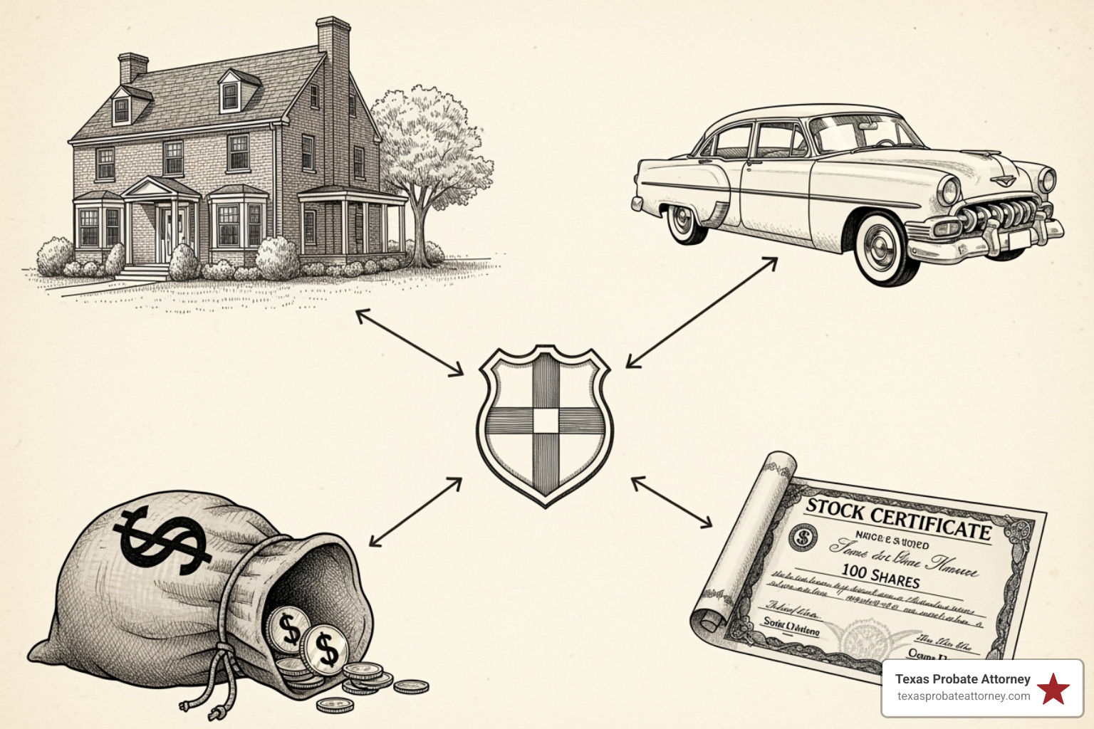 flowchart showing various estate assets leading to a central point - probate attorney cost