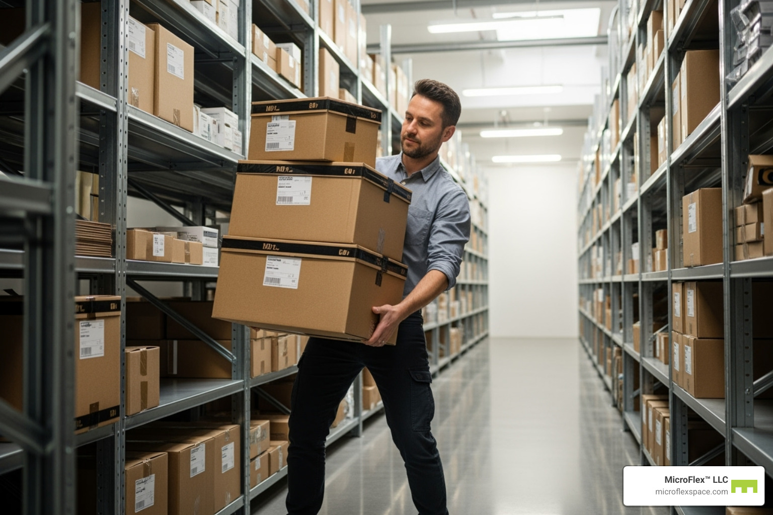 business owner easily moving boxes - short term commercial storage