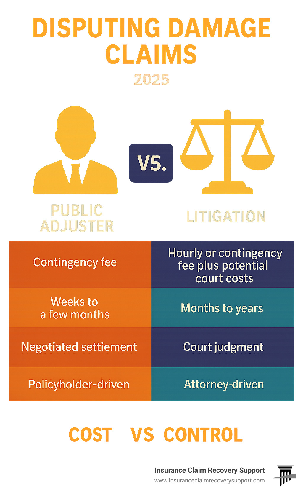 table comparing public adjuster vs litigation - disputing damage claims infographic 