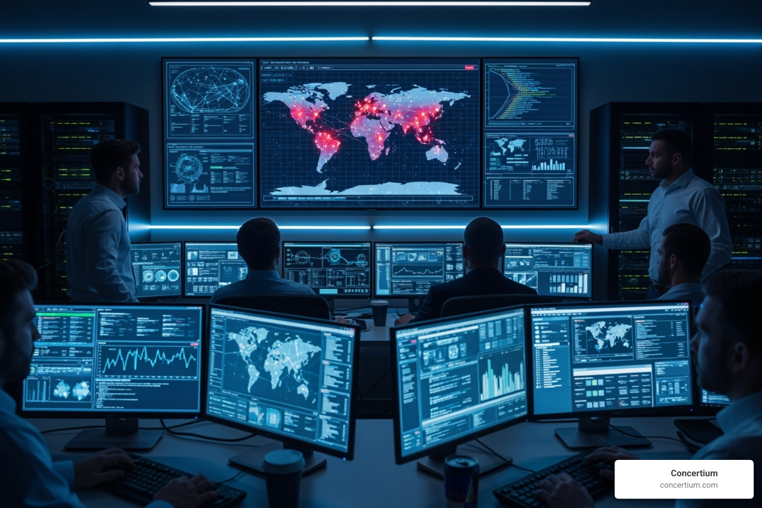 A security operations center with multiple screens displaying data and alerts - incident response lifecycle nist