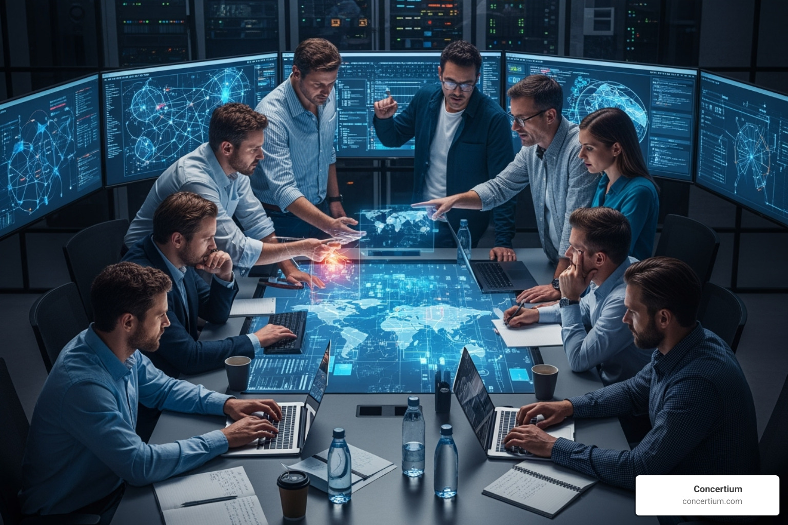 A collaborative team meeting in a 'war room' environment, discussing cybersecurity incidents - incident response lifecycle nist