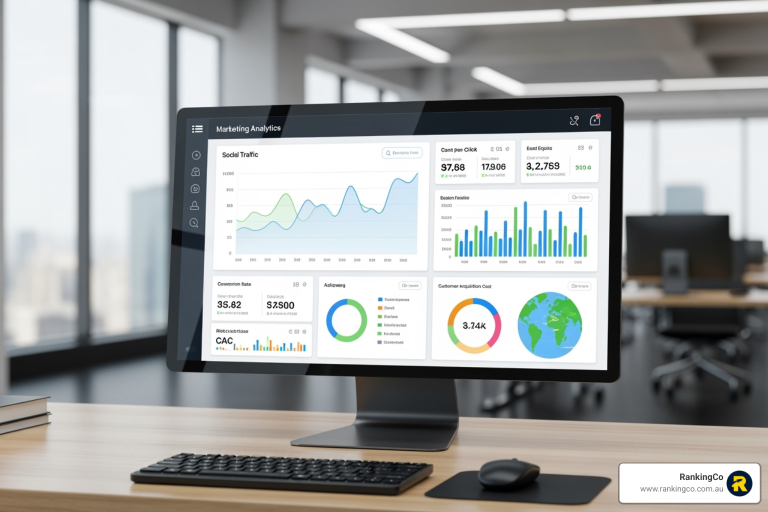 marketing analytics dashboard showing key metrics - small business advertising
