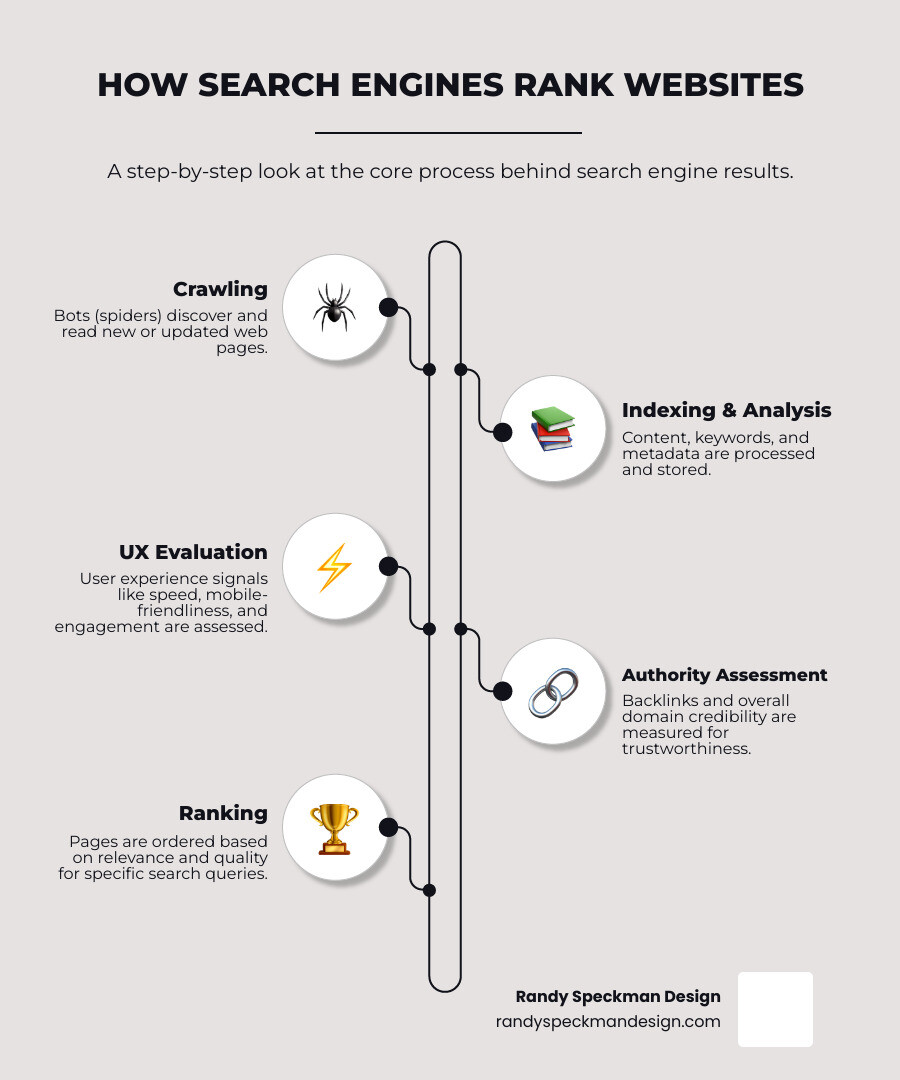 SEO process infographic showing how search engines crawl websites, analyze content and keywords, evaluate user experience signals, assess backlinks and authority, then rank pages in search results based on relevance and quality - search engine optimization Richland infographic infographic-line-5-steps-neat_beige