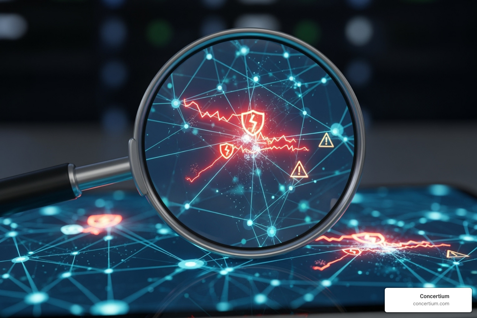 magnifying glass over a computer network highlighting threats and vulnerabilities - Risk management cybersecurity