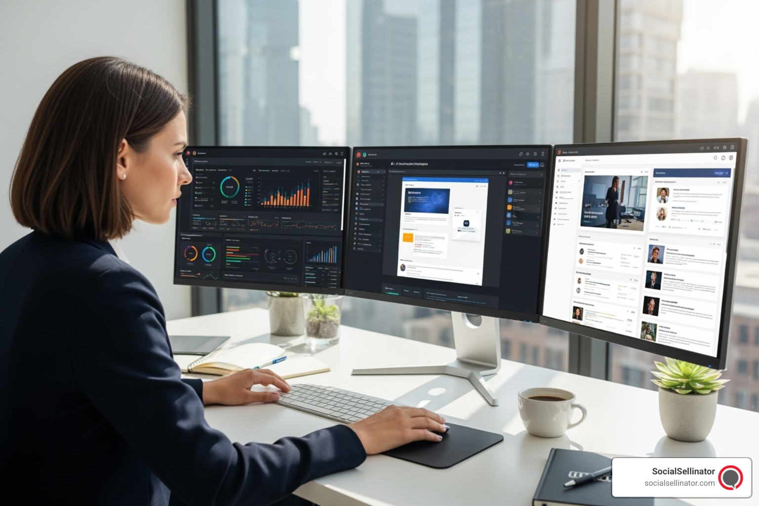 Marketer using AI tools on a computer to analyze data and create content. - B2B Marketing