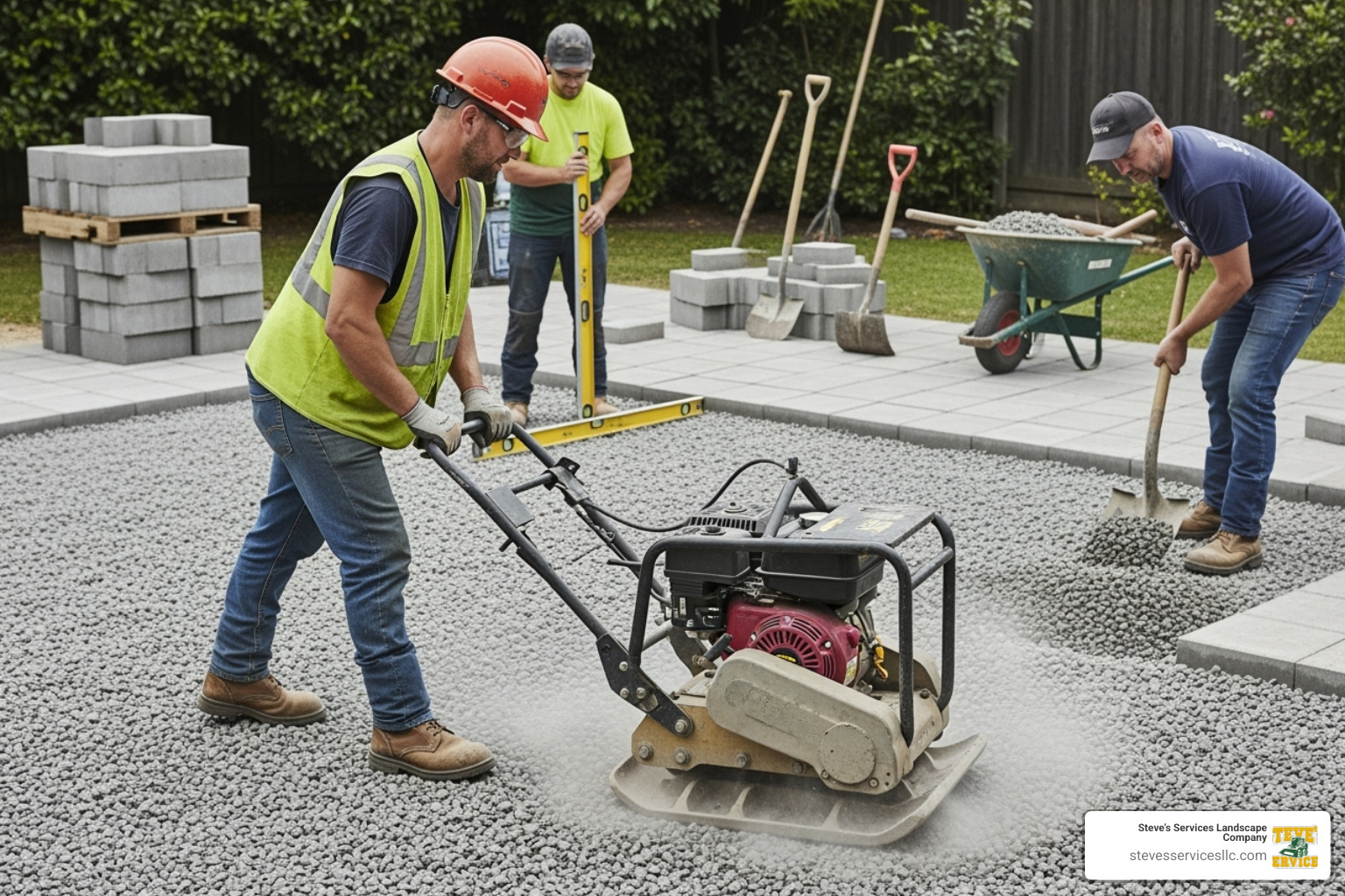 a professional crew compacting a gravel base - block patio