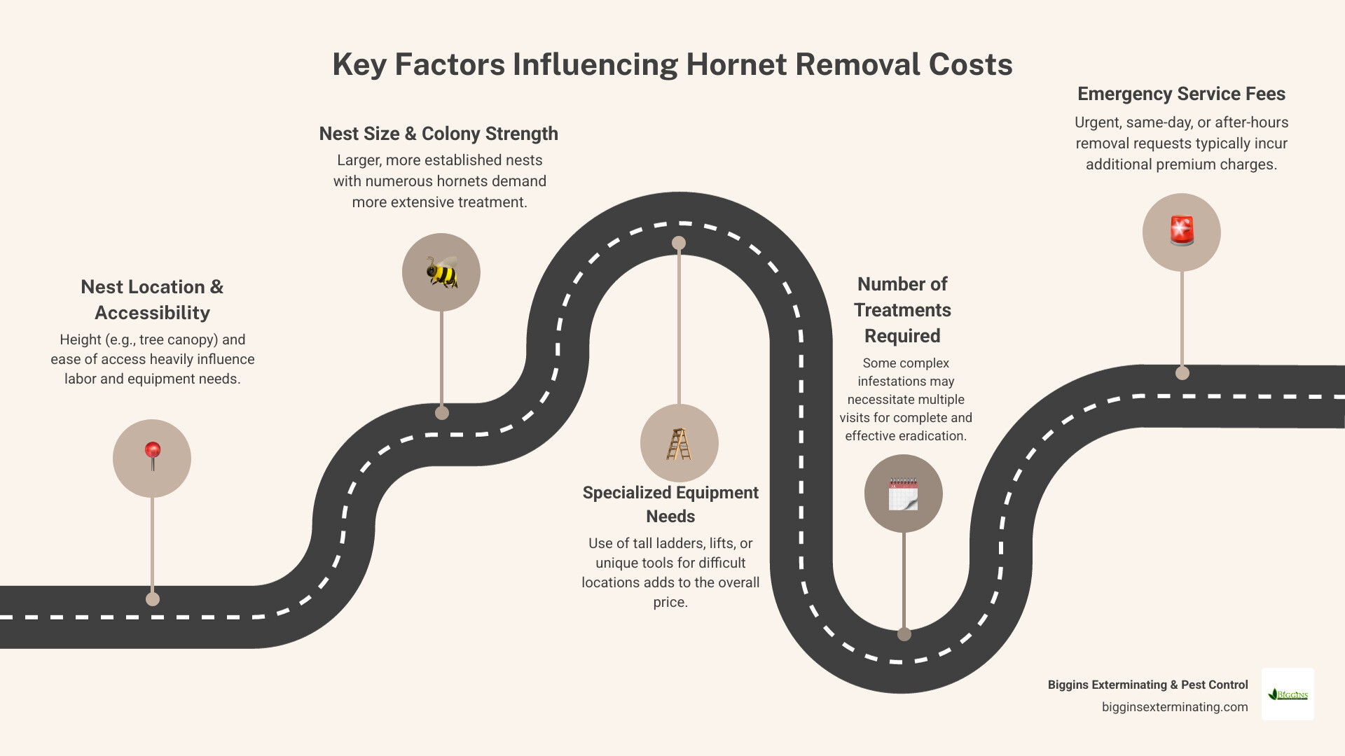 Infographic showing factors affecting bald-faced hornet removal costs including nest height, accessibility, colony size, equipment needs, number of treatments required, and emergency service fees - cost to remove bald faced hornet nest infographic roadmap-5-steps Infographic showing factors affecting bald-faced hornet removal costs including nest height, accessibility, colony size, equipment needs, number of treatments required, and emergency service fees - cost to remove bald faced hornet nest infographic roadmap-5-steps