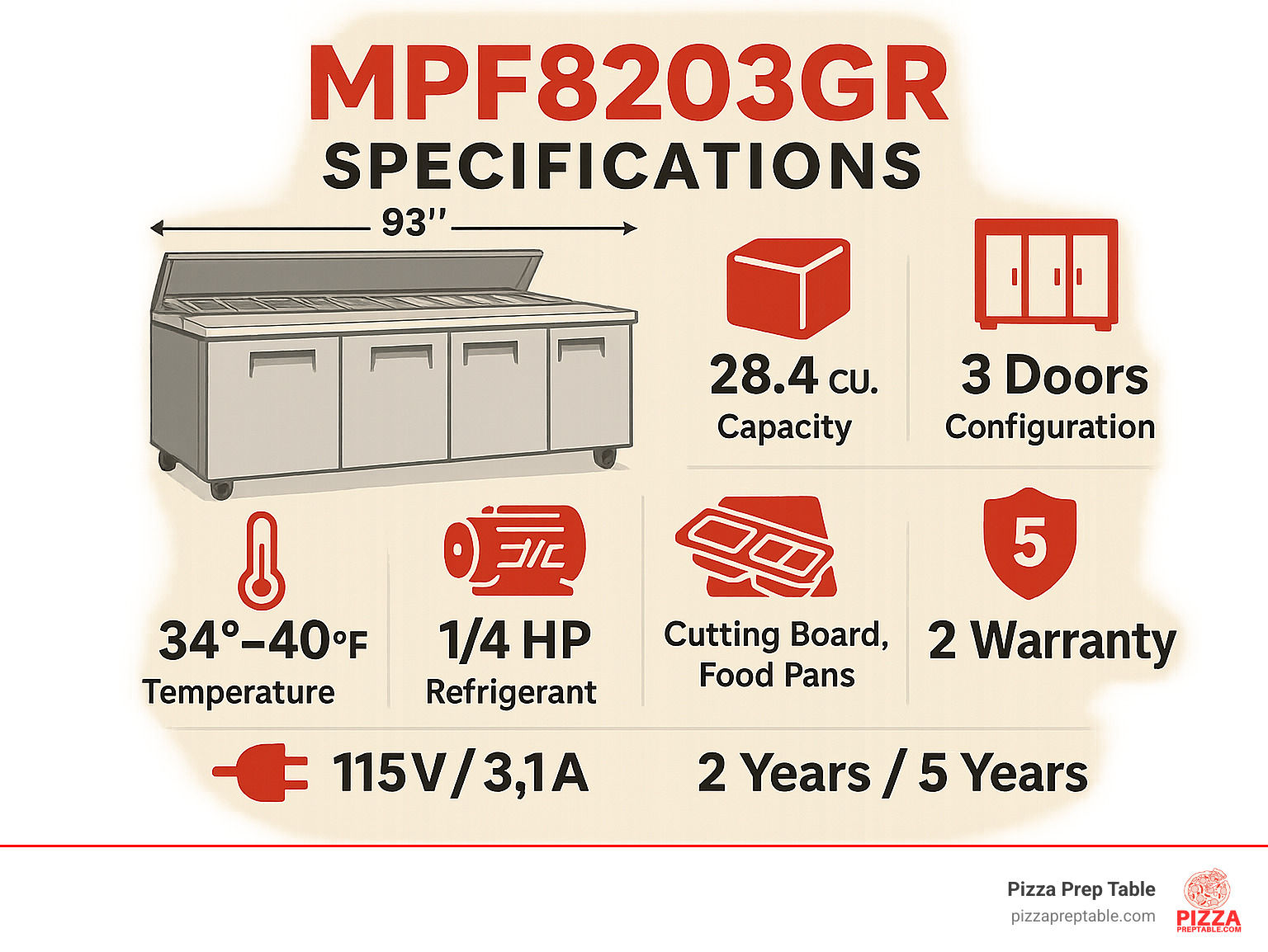 Detailed infographic showing MPF8203GR specifications including 93-inch width, 28.4 cubic feet capacity, 3-door configuration, 34-40°F temperature range, 1/4 HP compressor, R290 refrigerant system, included accessories like cutting board and food pans, electrical requirements of 115V/3.1A, and warranty coverage details - mpf8203gr infographic 