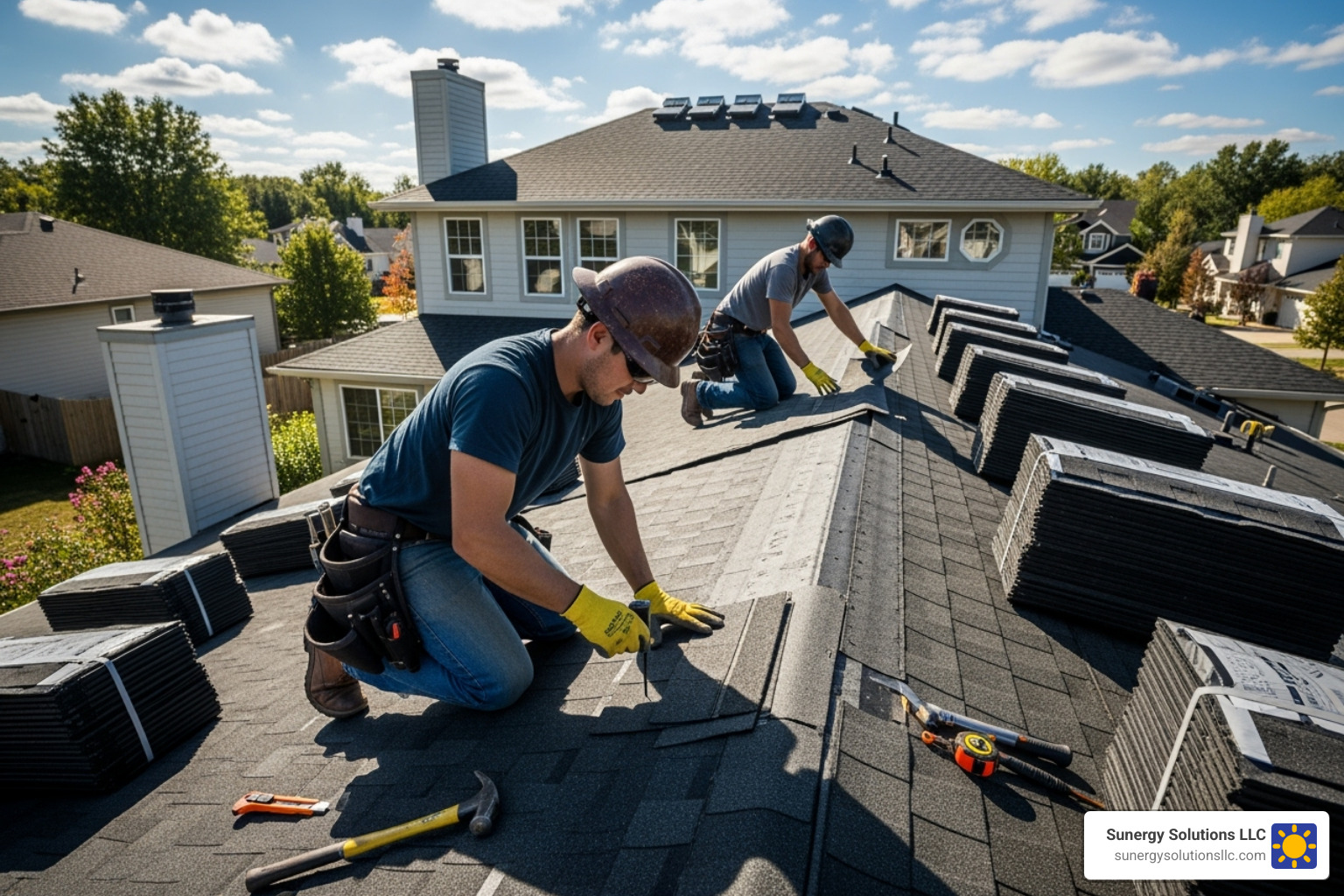 Brand new asphalt shingle roof being installed on a residential home - do solar companies replace your roof Brand new asphalt shingle roof being installed on a residential home - do solar companies replace your roof