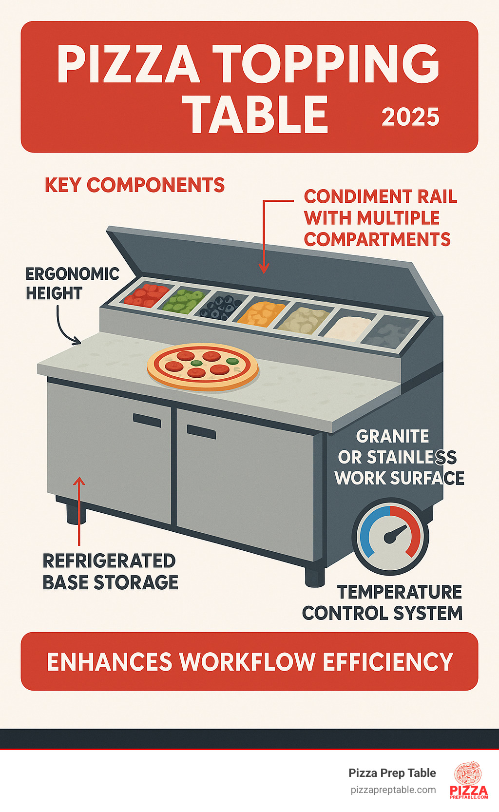 Detailed breakdown of pizza prep table components showing refrigerated base storage, condiment rail with multiple compartments, granite or stainless work surface, temperature control system, and ergonomic height specifications with workflow efficiency benefits - pizza topping table infographic  Detailed breakdown of pizza prep table components showing refrigerated base storage, condiment rail with multiple compartments, granite or stainless work surface, temperature control system, and ergonomic height specifications with workflow efficiency benefits - pizza topping table infographic