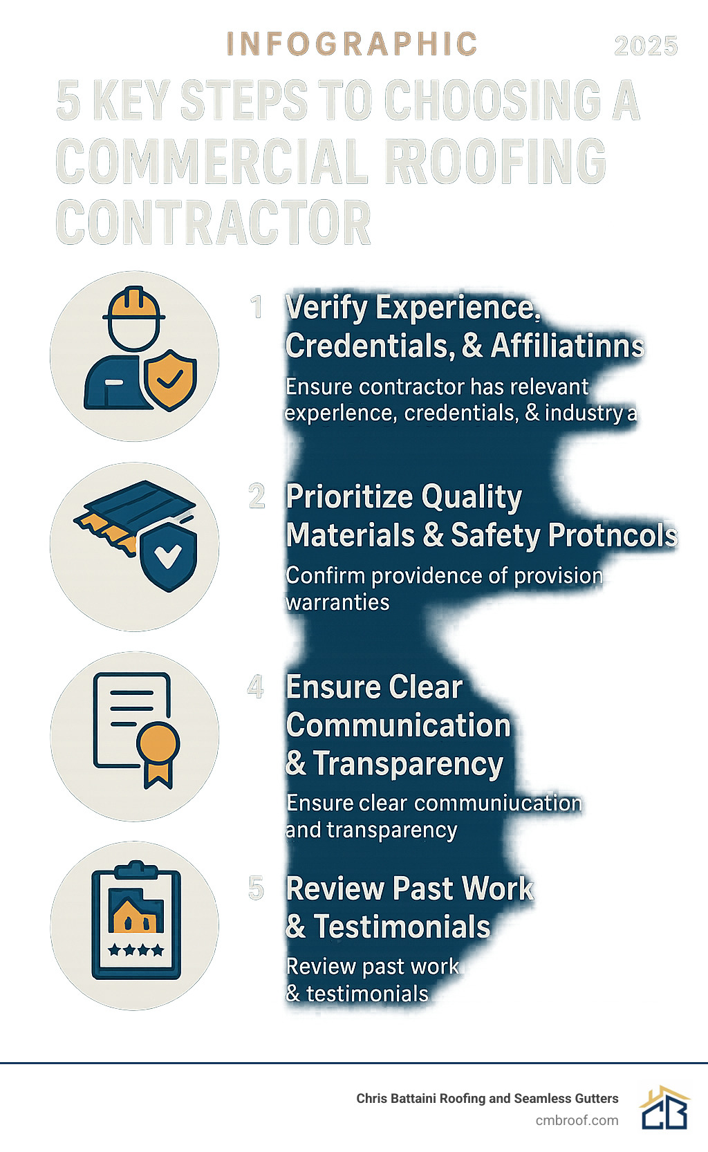 Infographic: 5 Key Steps to Choosing a Commercial Roofing Contractor outlining: 1. Verify Experience, Credentials, & Affiliations; 2. Prioritize Quality Materials & Safety Protocols; 3. Confirm Comprehensive Warranties; 4. Ensure Clear Communication & Transparency; 5. Review Past Work & Testimonials - commercial roofing contractors infographic 