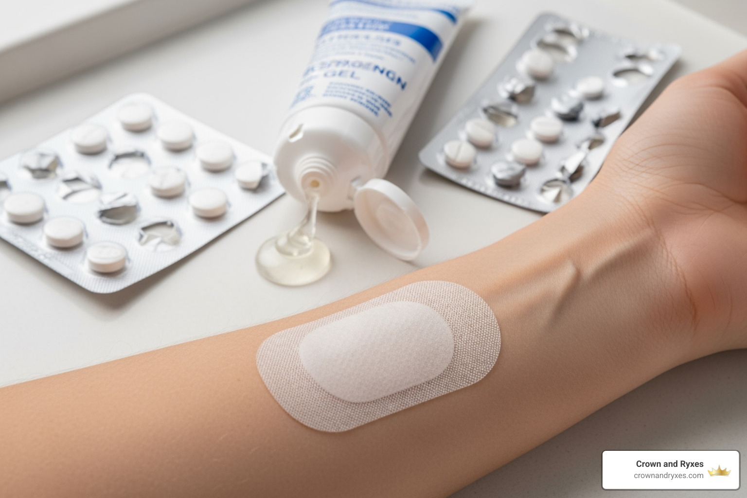 Image of different HRT application methods (patch, gel, pill) - Menopause treatment