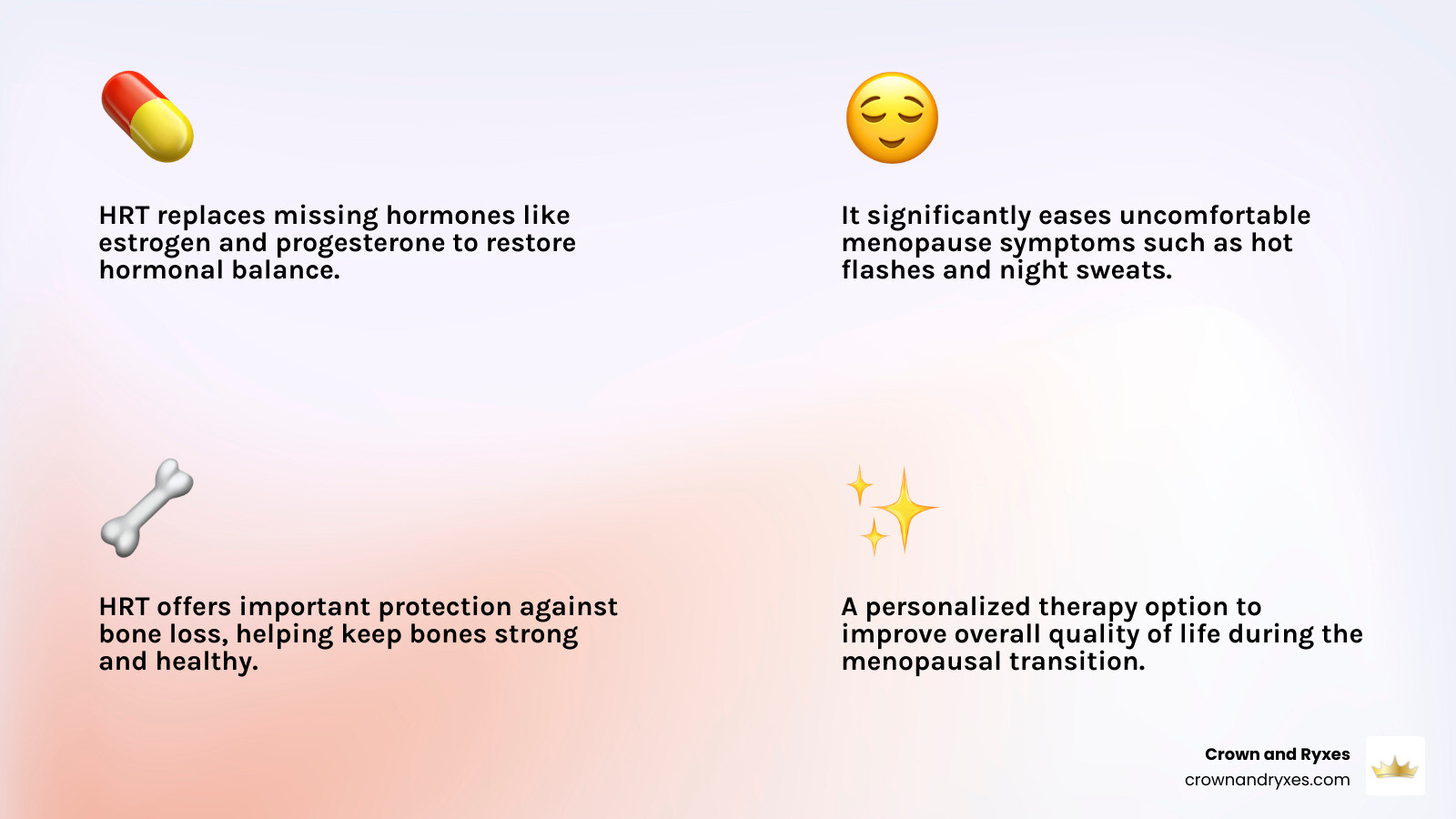Infographic explaining HRT's purpose and main benefits - Hormone replacement therapy (HRT) infographic 4_facts_emoji_light-gradient