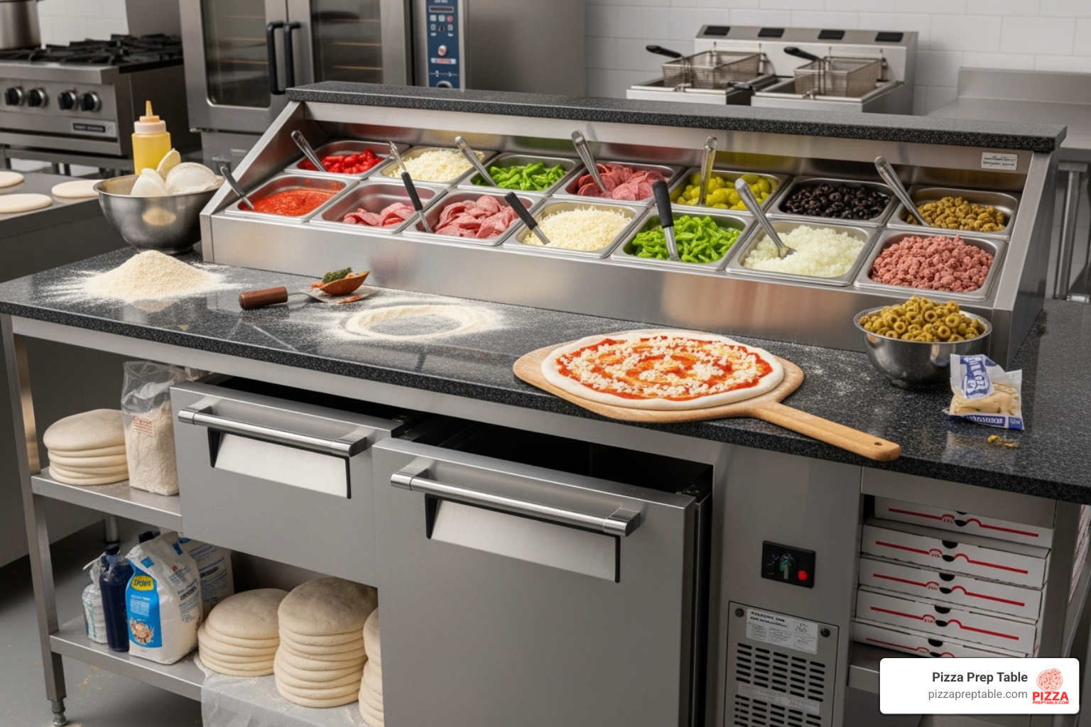 granite work surface and condiment rail - pizza topping table granite work surface and condiment rail - pizza topping table