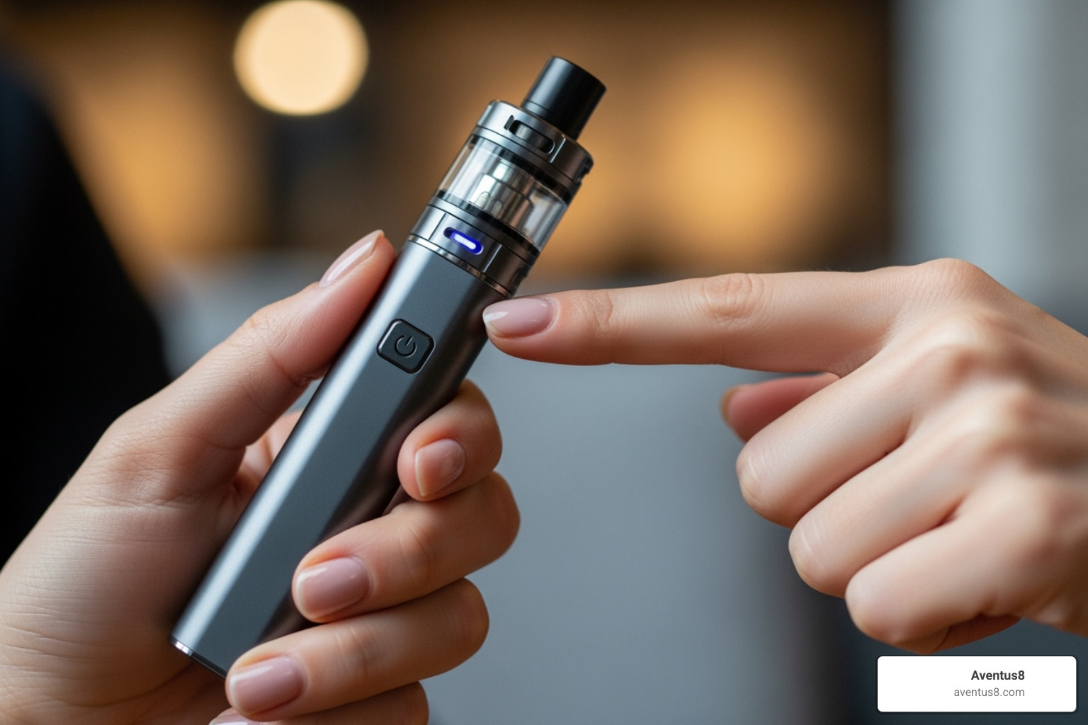 A hand holding an Aventus8 vape pen, demonstrating proper use - THC vape cartridges Michigan