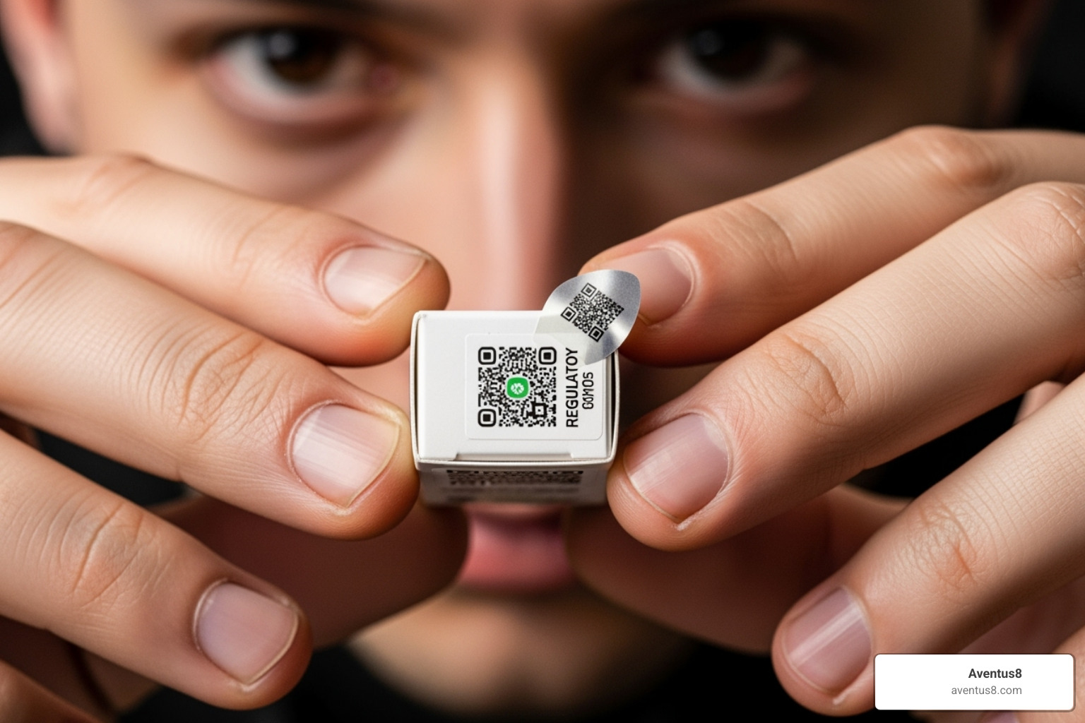 A person examining Aventus8 THC vape cartridge packaging, looking for a lab-test QR code - THC vape cartridges Michigan