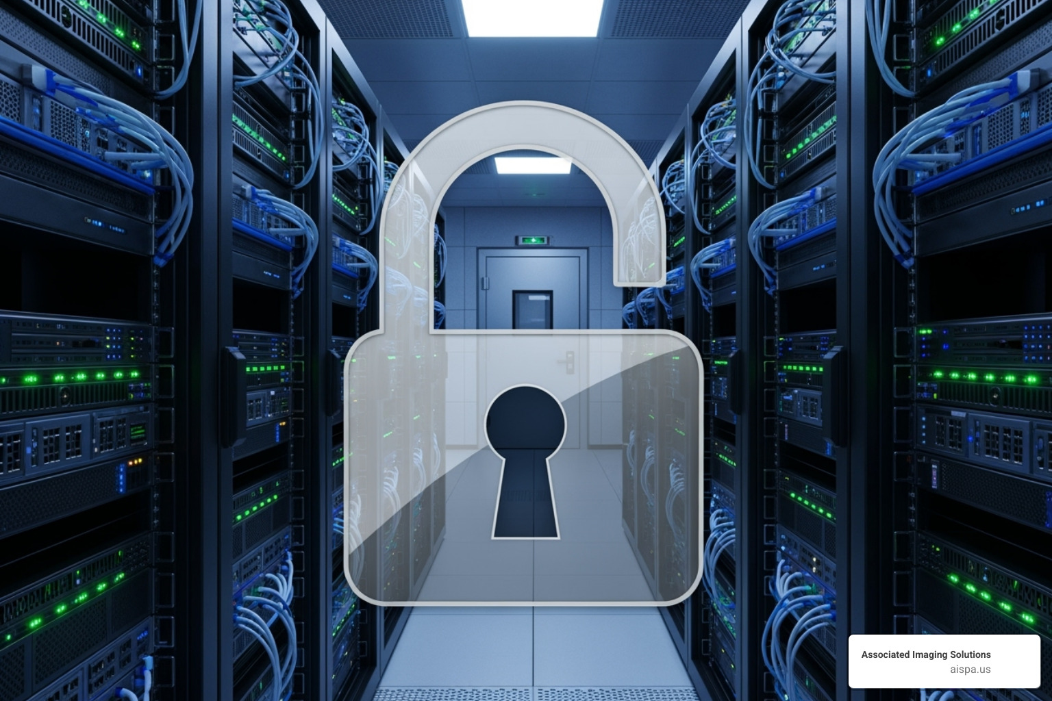 of a secure server room with a lock icon overlay - document management Philadelphia PA
