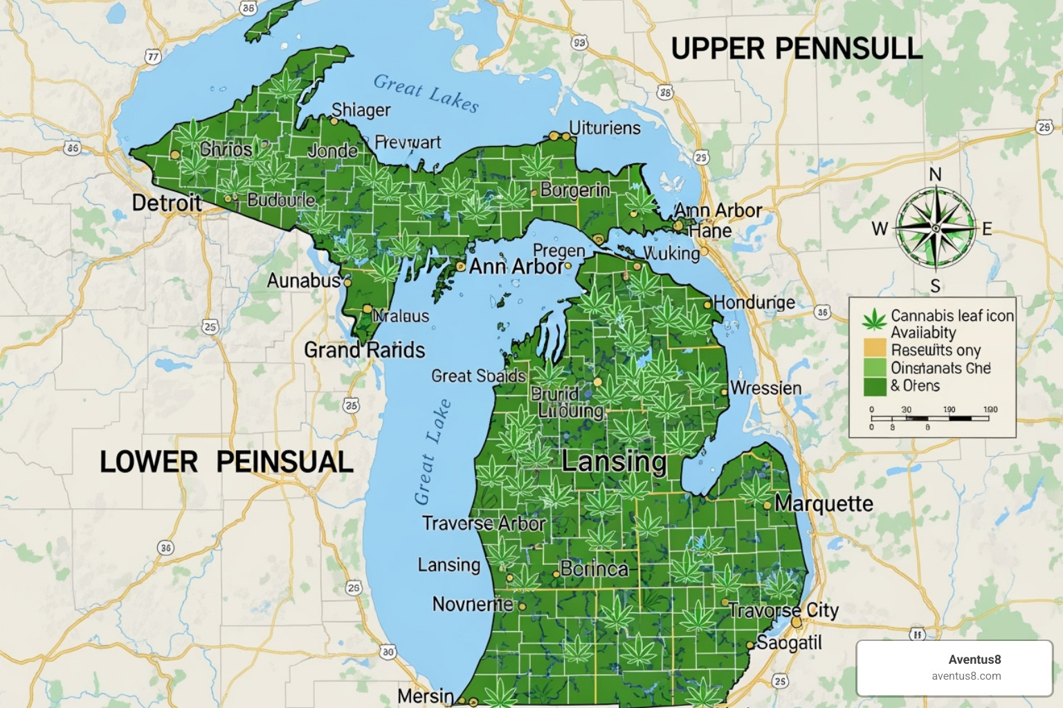 A map of Michigan with cannabis leaf icons over major cities, highlighting Aventus8's availability - THC vape cartridges Michigan