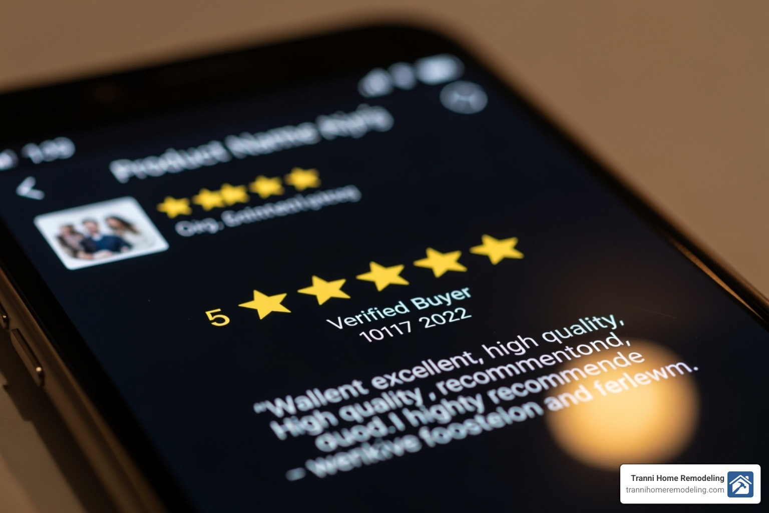 5-star review on a screen - home remodeling experts near me