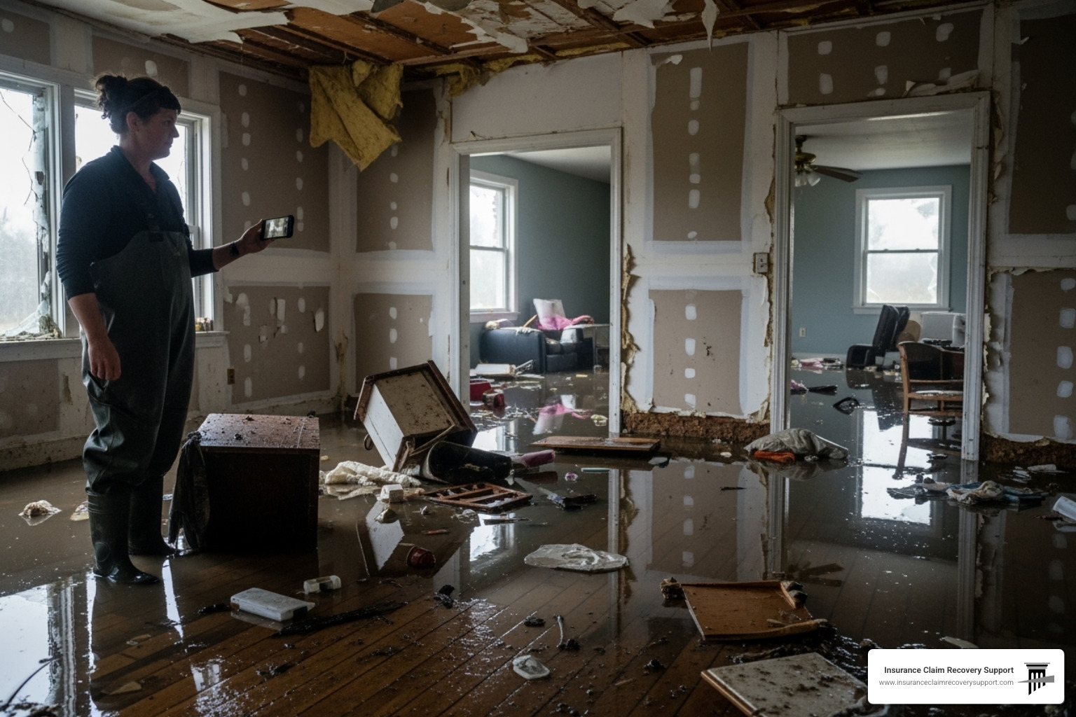 property owner taking photos of flood damage on their phone - expert insurance adjuster for flood recovery